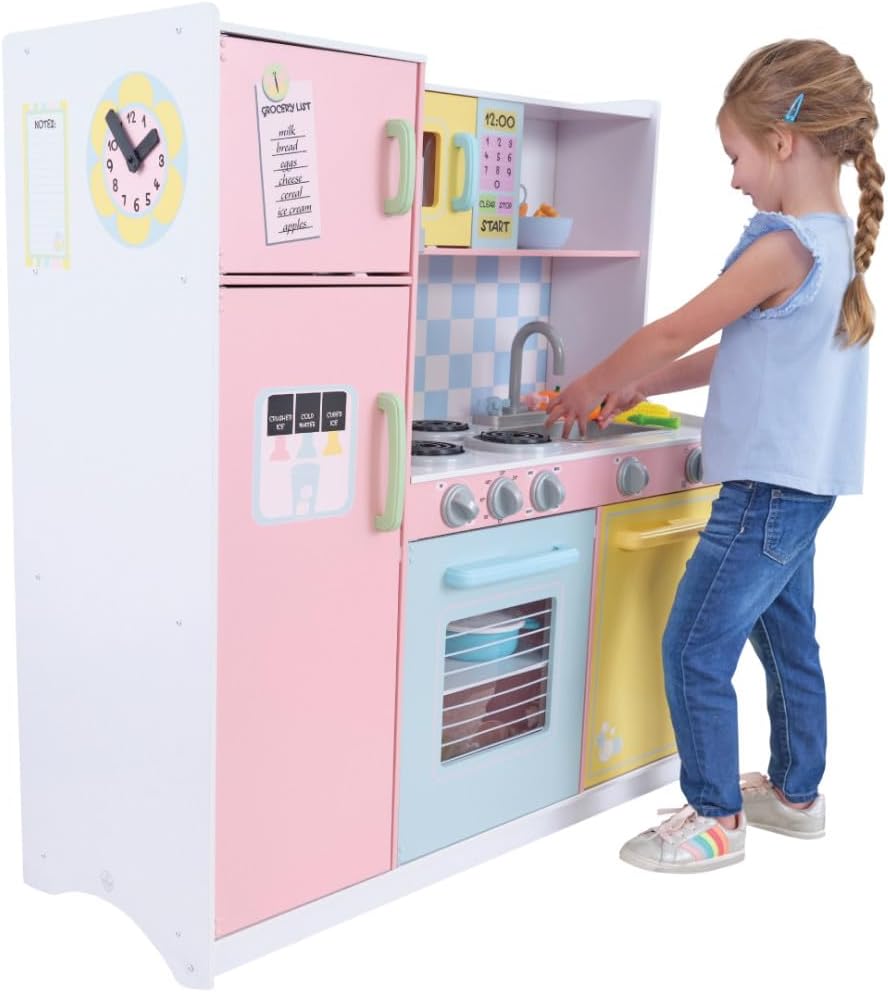 Детска Кухня GINGER HOME,  Дървена Играчка за Ролеви Игри с Цветен Дизайн, Размери 90x30x90 см