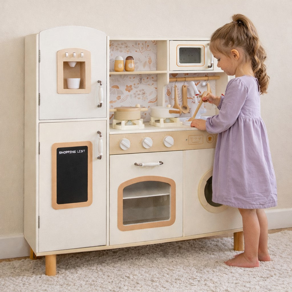 GINGER HOME Children's Wooden Kitchen – Vintage Model with Electronic Hotplates, Lights, Sounds and Sink with Running Water, 91×31×90 cm