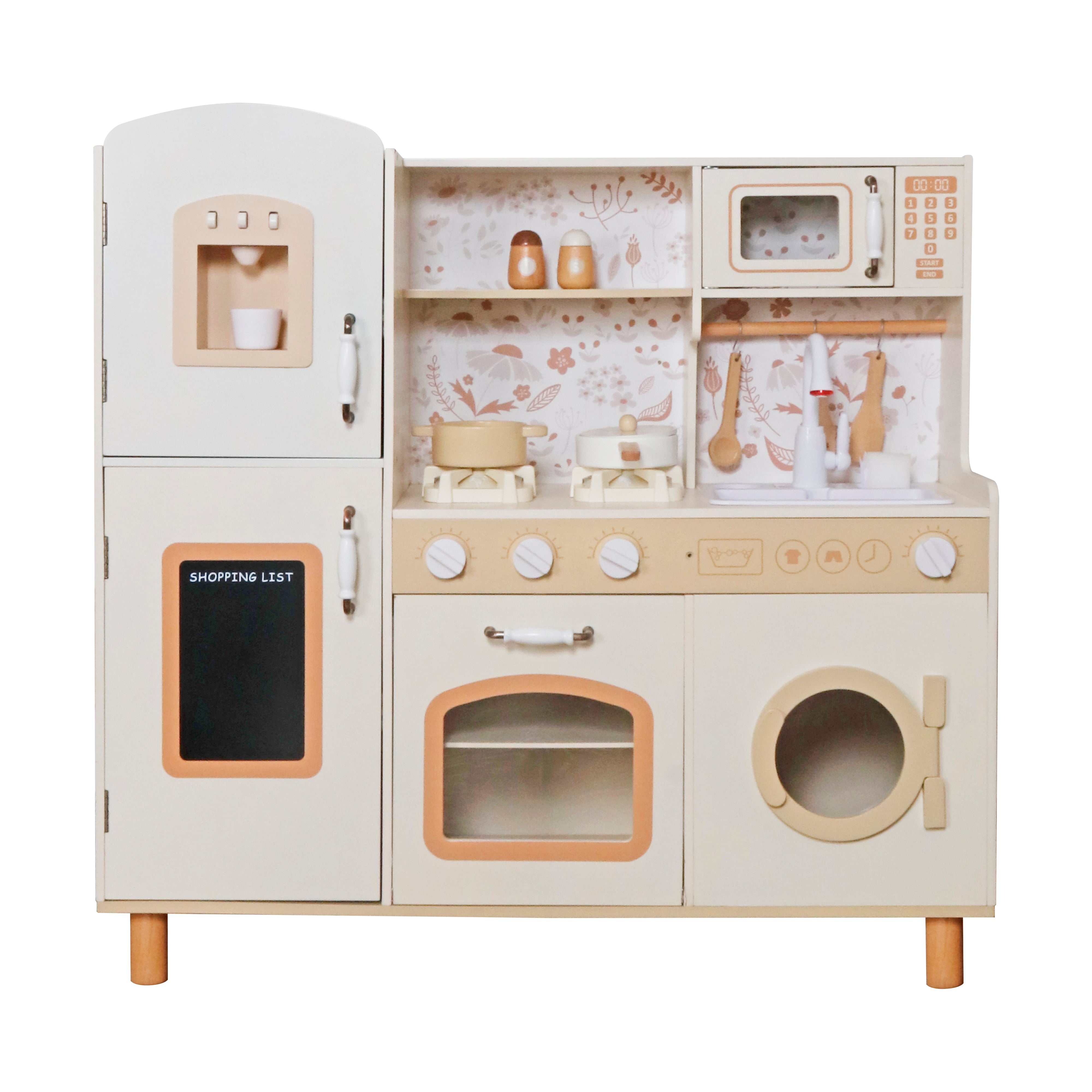GINGER HOME Children's Wooden Kitchen – Vintage Model with Electronic Hotplates, Lights, Sounds and Sink with Running Water, 91×31×90 cm