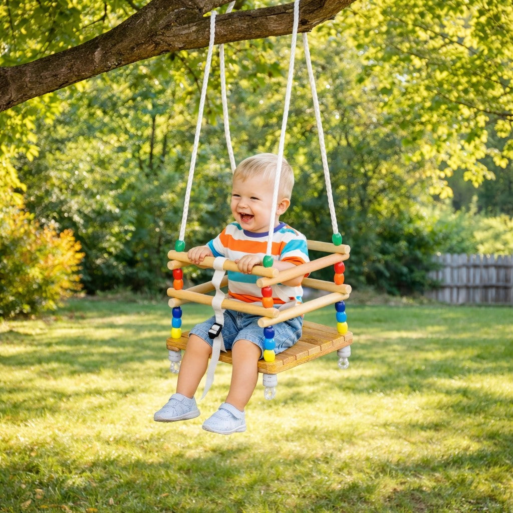 Children's Wooden Swing GINGER HOME with Belt and Sideboards – up to 70 kg, 30×30 cm