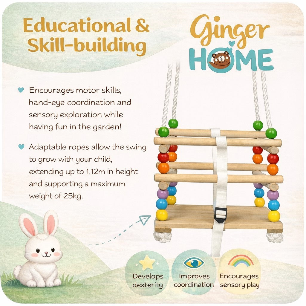 Children's Wooden Swing GINGER HOME with Belt and Sideboards – up to 70 kg, 30×30 cm