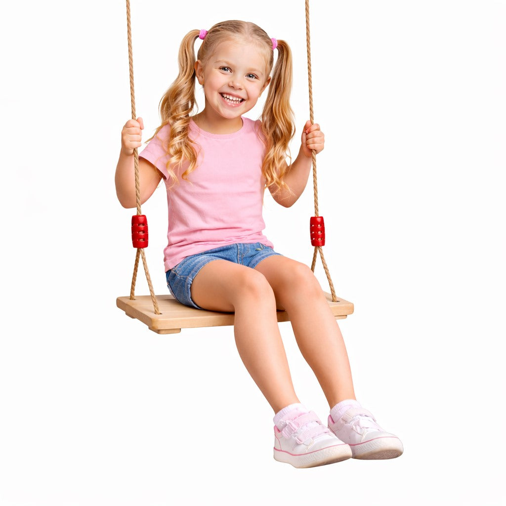 GINGER HOME Children's Wooden Swing for Yard with Ropes – Natural Wood, 33 cm