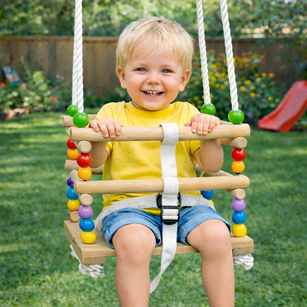 Children's Wooden Swing GINGER HOME with Belt and Sideboards – up to 70 kg, 30×30 cm