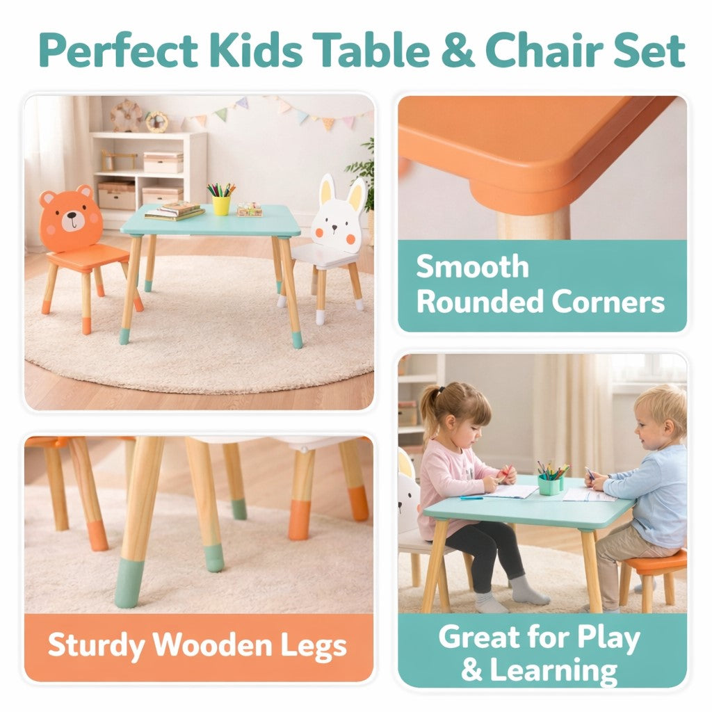 Children's Wooden Table with 2 Chairs GINGER HOME – Bear and Bunny, Play and Learning Set