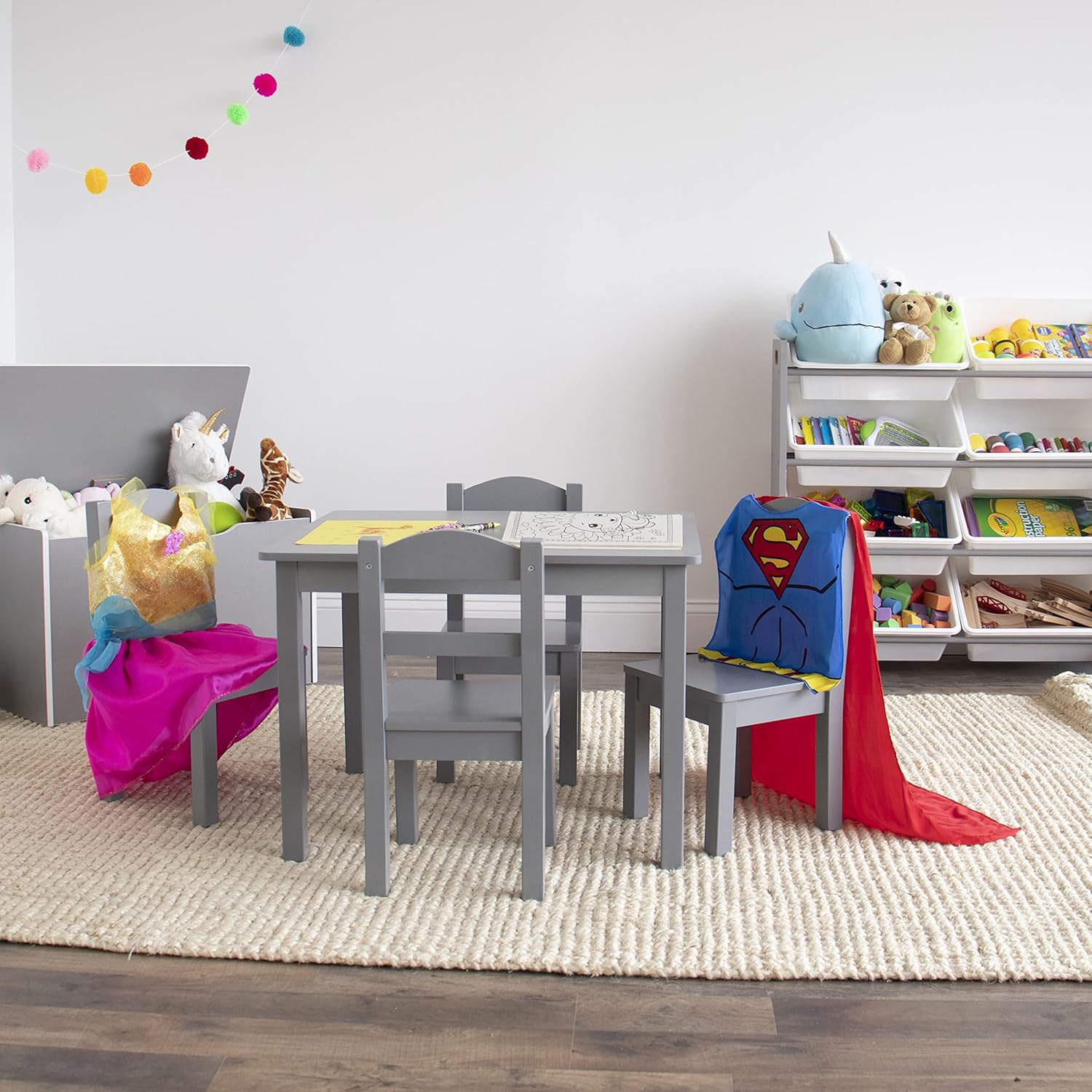Детска Маса с 4 Столчета GINGER HOME – Дървена Детска Маса за Игра и Учене, Сив Комплект 66×56×48 см