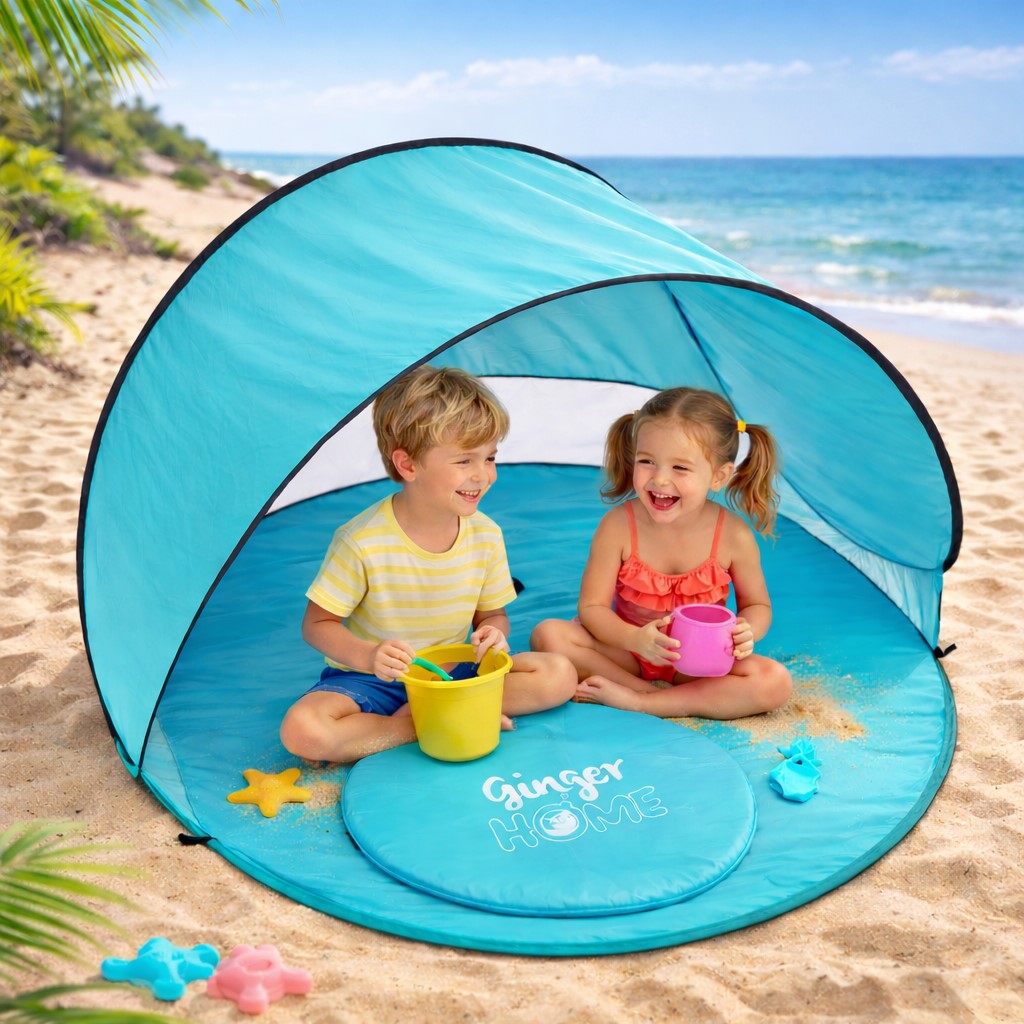 Детска Pop-Up Палатка за Игра GINGER HOME с UV Защита 50+ – Кръгла, Лека и Сгъваема, за Плаж и Градина, 150×150×90 см