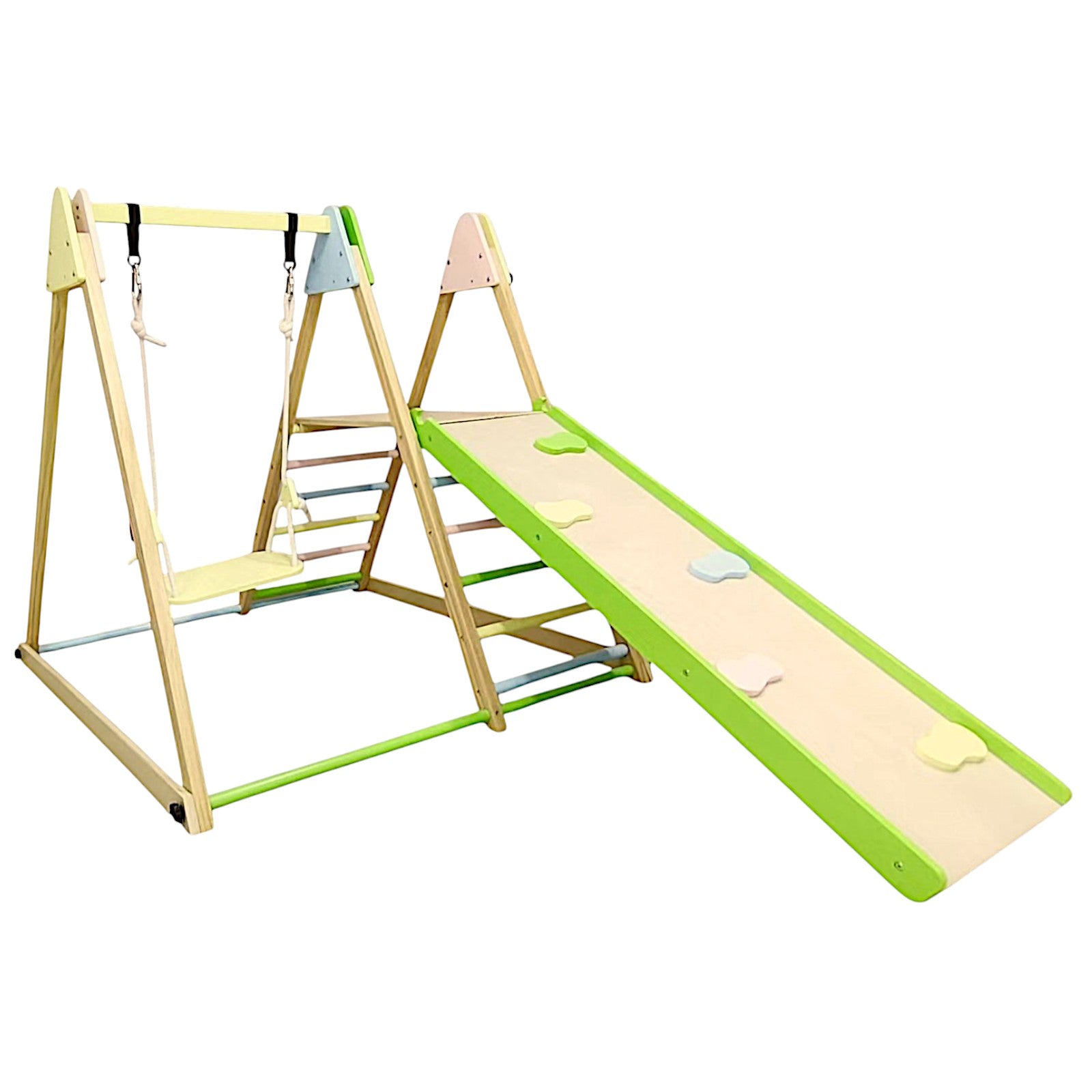Children's Wooden Set GINGER HOME 4 in 1 – Swing, Slide, Climbing Frame and Climbing Ramp, 120x112x114 cm