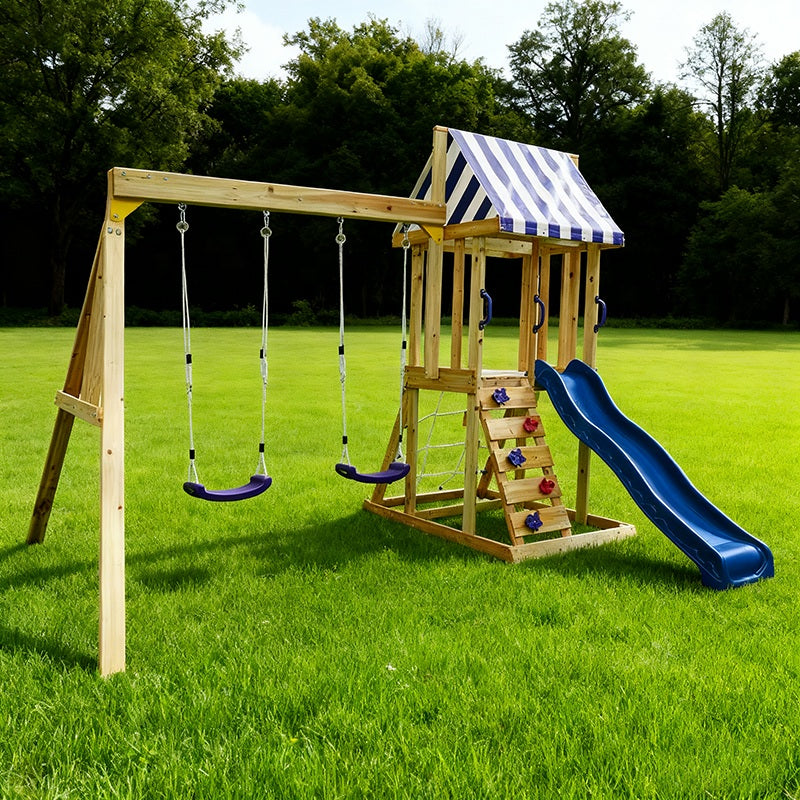 Детски Дървен Комплект за Игра на Открито GINGER HOME 4 в 1 – Пързалка 1.8 м, 2 Люлки, Катерушка и Въжена Мрежа, 308×318×244 см