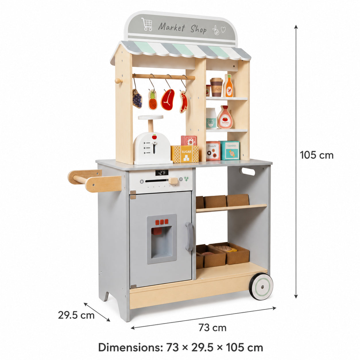 Children's Wooden Shop GINGER HOME 2 in 1, Kitchen, Stand, Shelves, Blackboard and Accessories, 60/73x29.5x105 cm