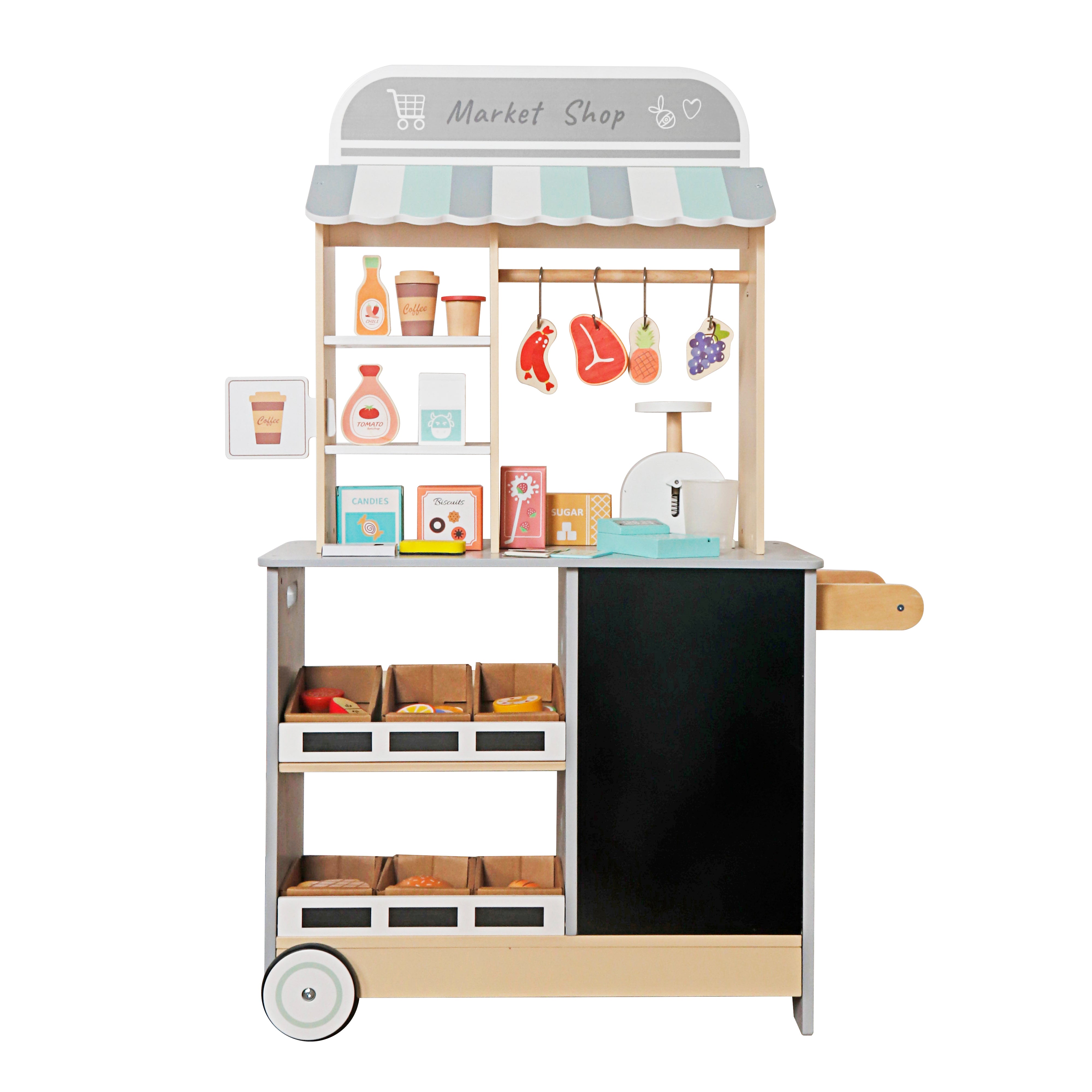 Children's Wooden Shop GINGER HOME 2 in 1, Kitchen, Stand, Shelves, Blackboard and Accessories, 60/73x29.5x105 cm