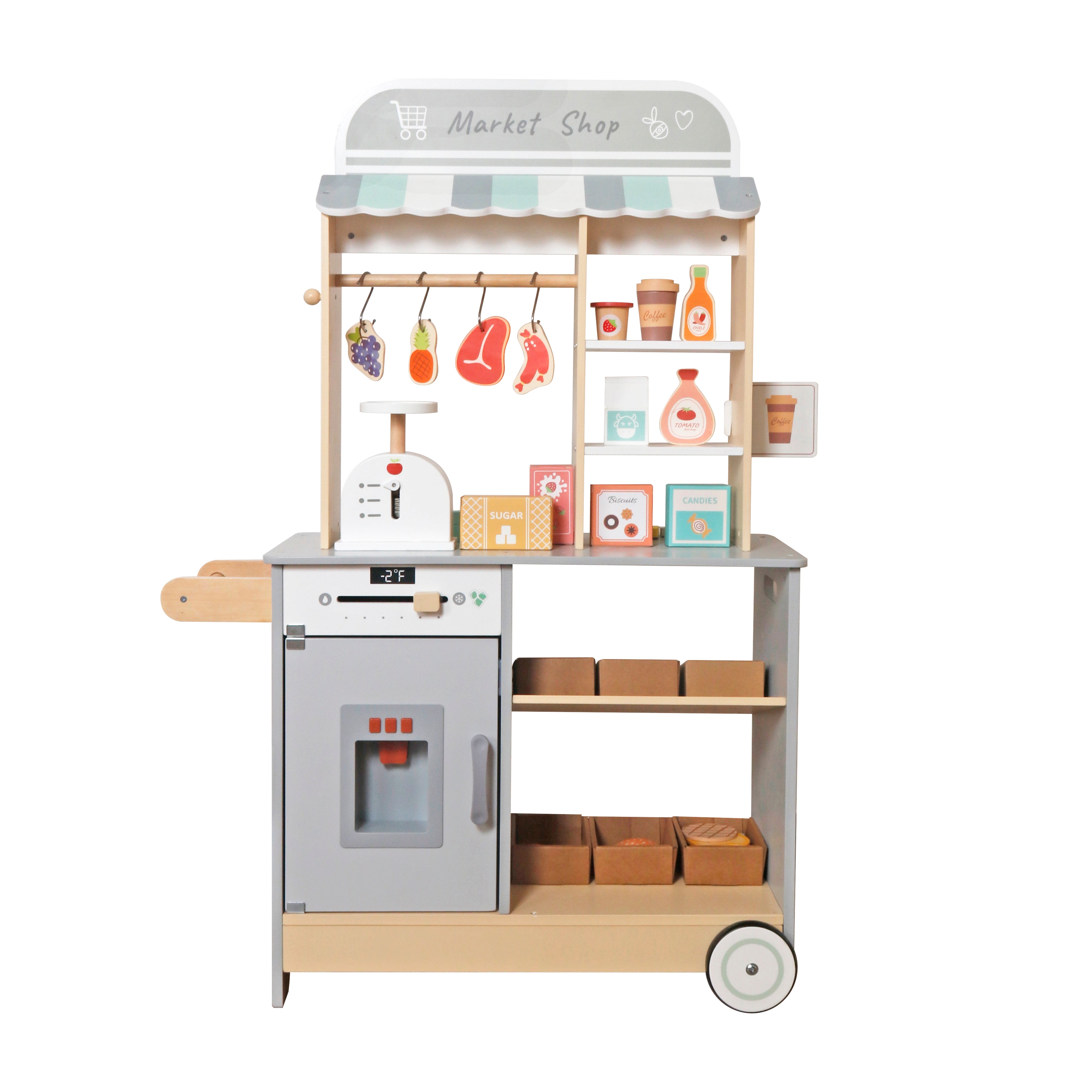 Children's Wooden Shop GINGER HOME 2 in 1, Kitchen, Stand, Shelves, Blackboard and Accessories, 60/73x29.5x105 cm