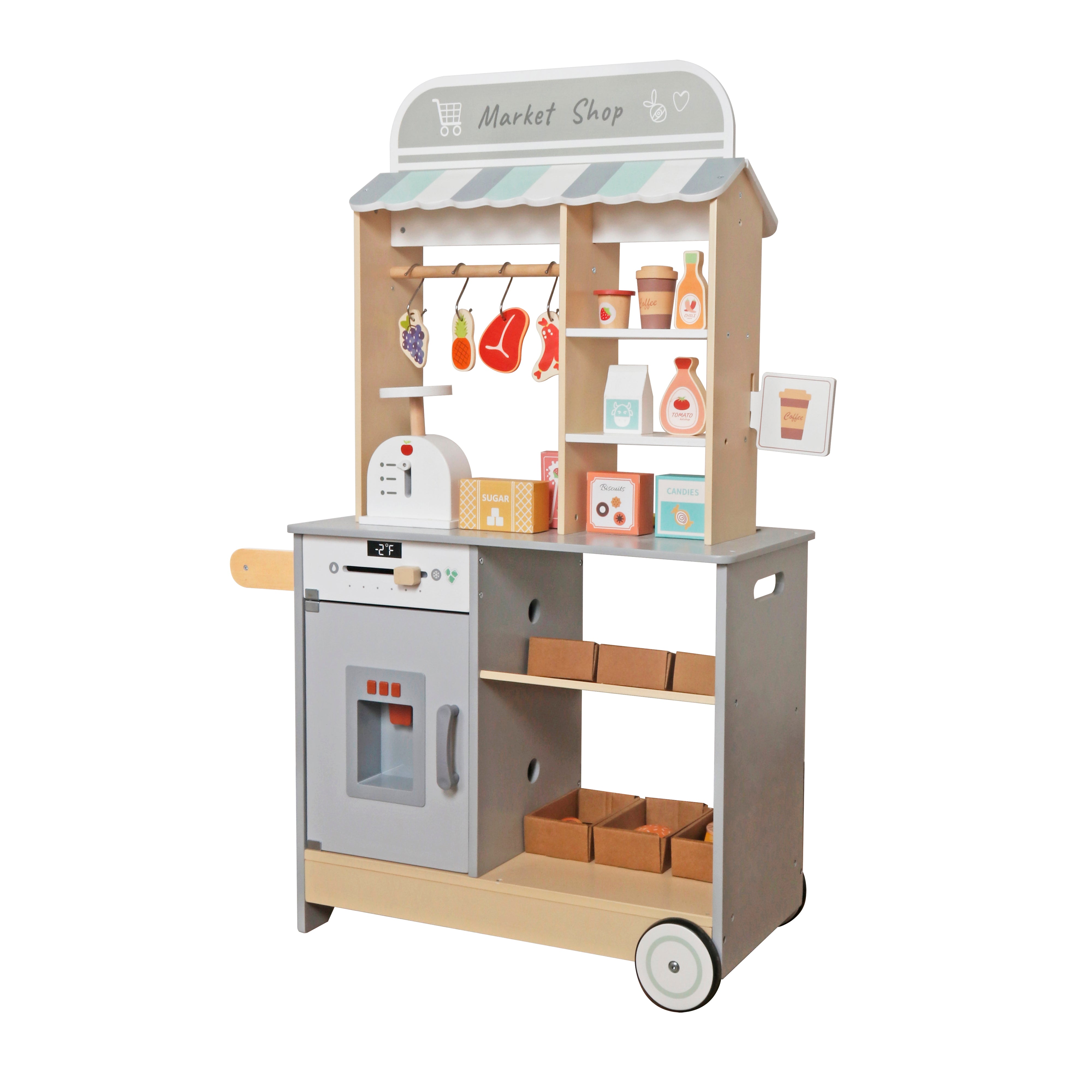 Children's Wooden Shop GINGER HOME 2 in 1, Kitchen, Stand, Shelves, Blackboard and Accessories, 60/73x29.5x105 cm