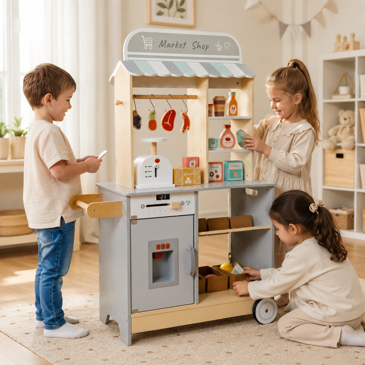 Children's Wooden Shop GINGER HOME 2 in 1, Kitchen, Stand, Shelves, Blackboard and Accessories, 60/73x29.5x105 cm