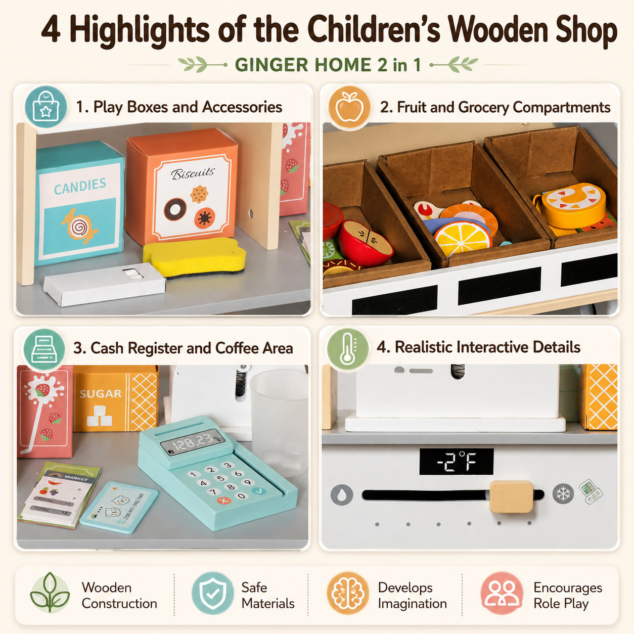 Children's Wooden Shop GINGER HOME 2 in 1, Kitchen, Stand, Shelves, Blackboard and Accessories, 60/73x29.5x105 cm