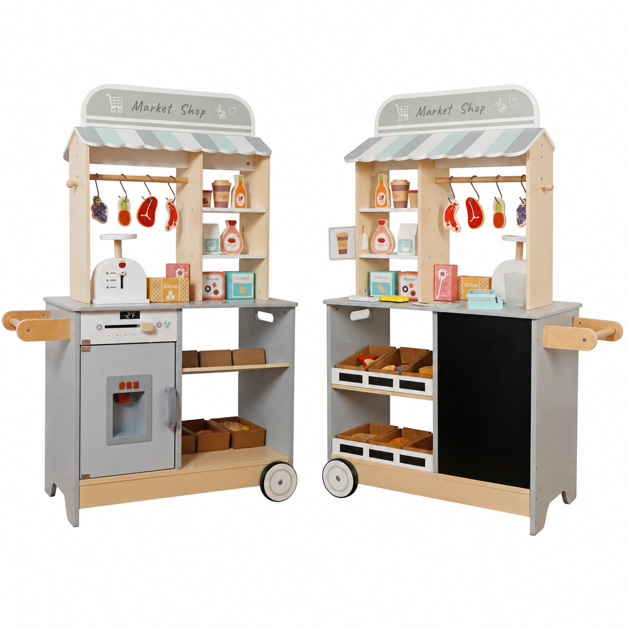 Children's Wooden Shop GINGER HOME 2 in 1, Kitchen, Stand, Shelves, Blackboard and Accessories, 60/73x29.5x105 cm