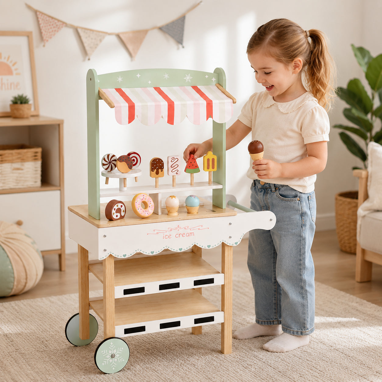 Children's Wooden Ice Cream Stand GINGER HOME, Shop on Wheels, MDF, 44/57x28x95.5 cm, Montessori Game