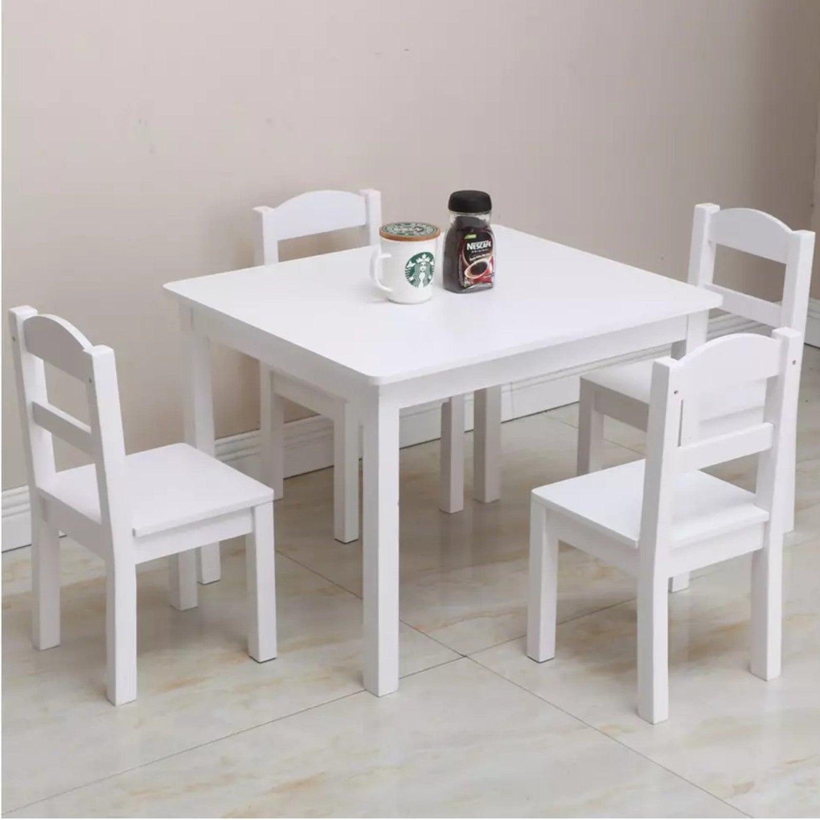 Детски Комплект Маса с 4 Стола GINGER HOME, Дърво, Бял, 66x56x48 см