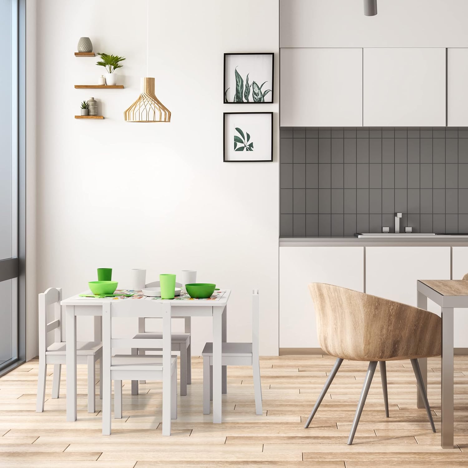 Детски Комплект Маса с 4 Стола GINGER HOME, Дърво, Бял, 66x56x48 см