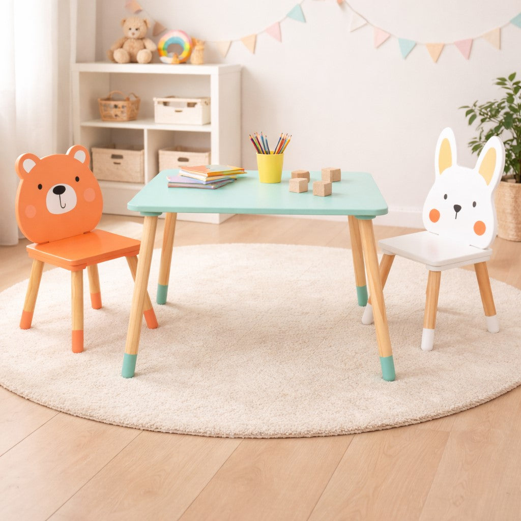 Children's Wooden Table with 2 Chairs GINGER HOME – Bear and Bunny, Play and Learning Set