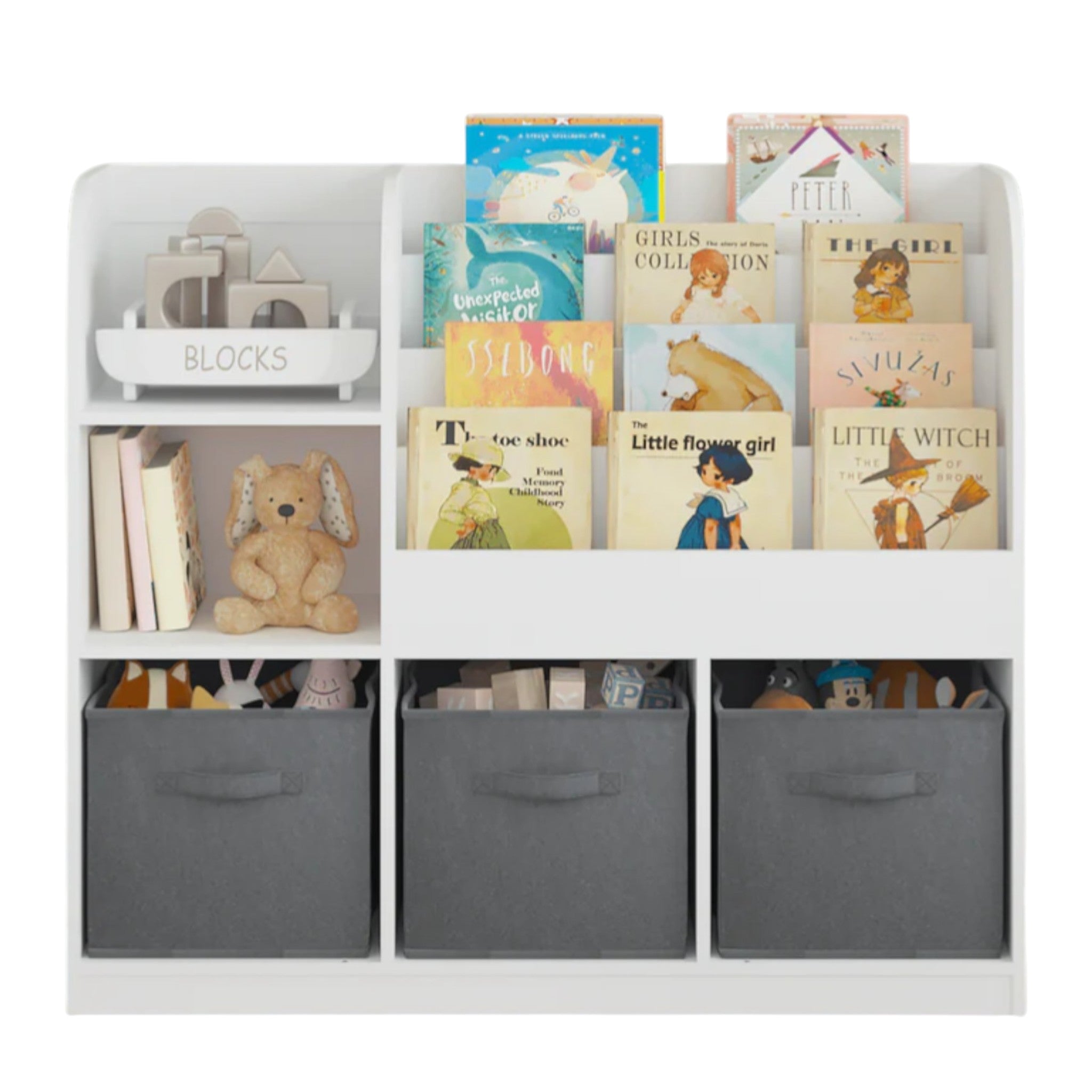 Children's Organizer GINGER HOME, Bookshelf with Shelves for Toys and Books, 3 Textile Boxes, Wooden, White, 92x30x80 cm, Montessori