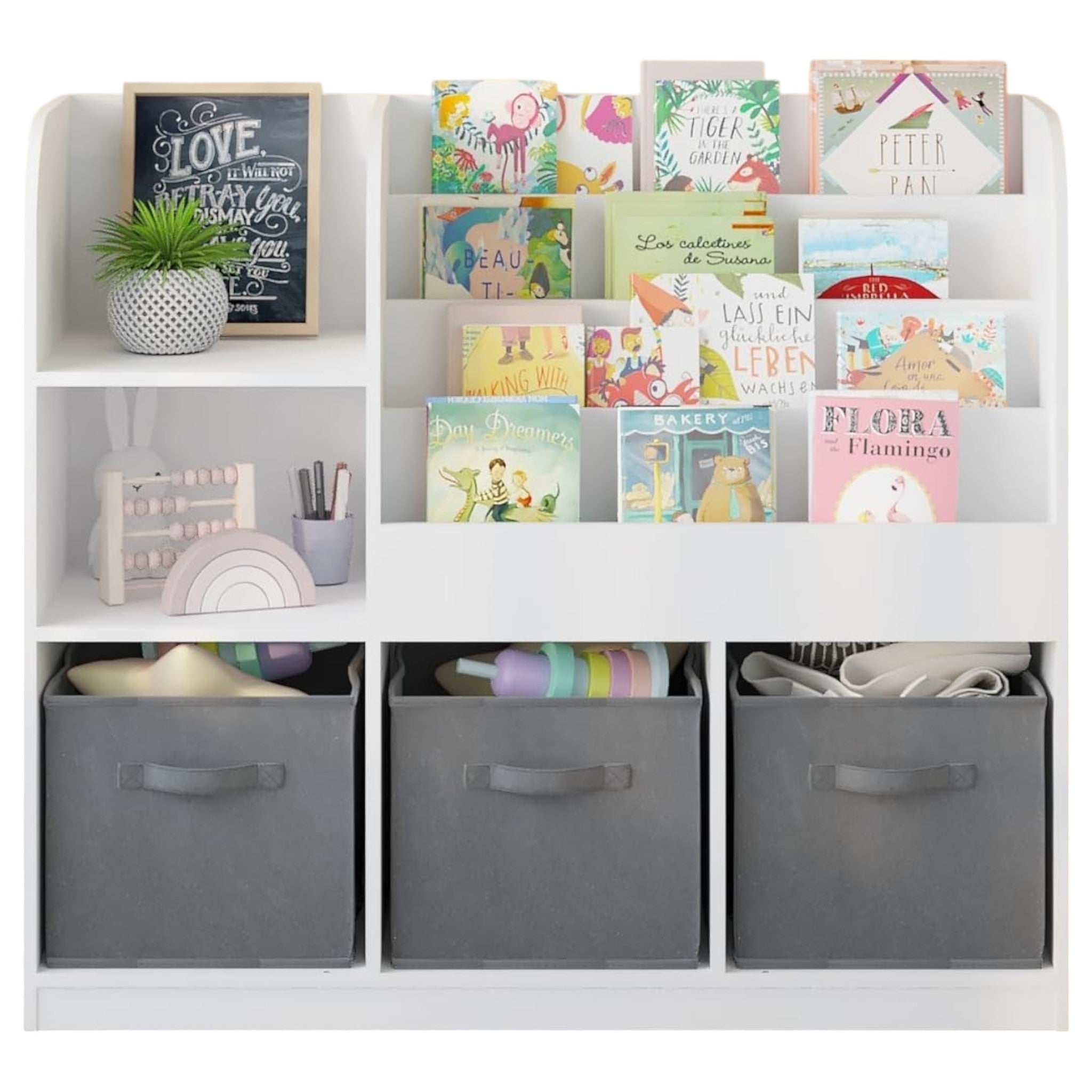 Children's Organizer GINGER HOME, Bookshelf with Shelves for Toys and Books, 3 Textile Boxes, Wooden, White, 92x30x80 cm, Montessori