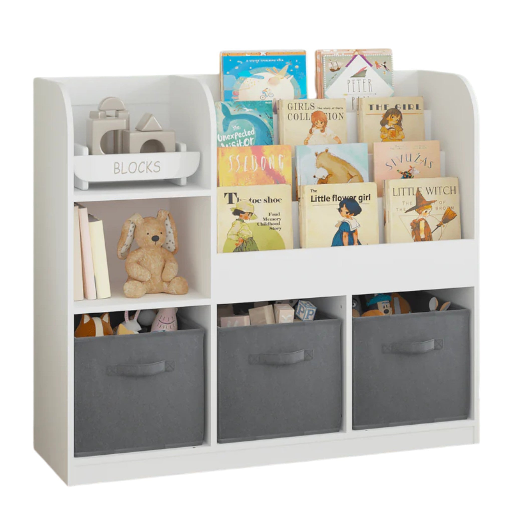 Children's Organizer GINGER HOME, Bookshelf with Shelves for Toys and Books, 3 Textile Boxes, Wooden, White, 92x30x80 cm, Montessori
