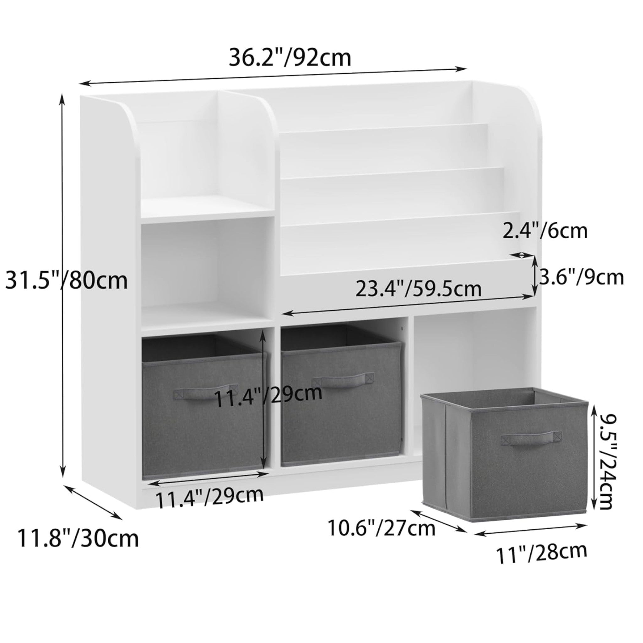 Children's Organizer GINGER HOME, Bookshelf with Shelves for Toys and Books, 3 Textile Boxes, Wooden, White, 92x30x80 cm, Montessori