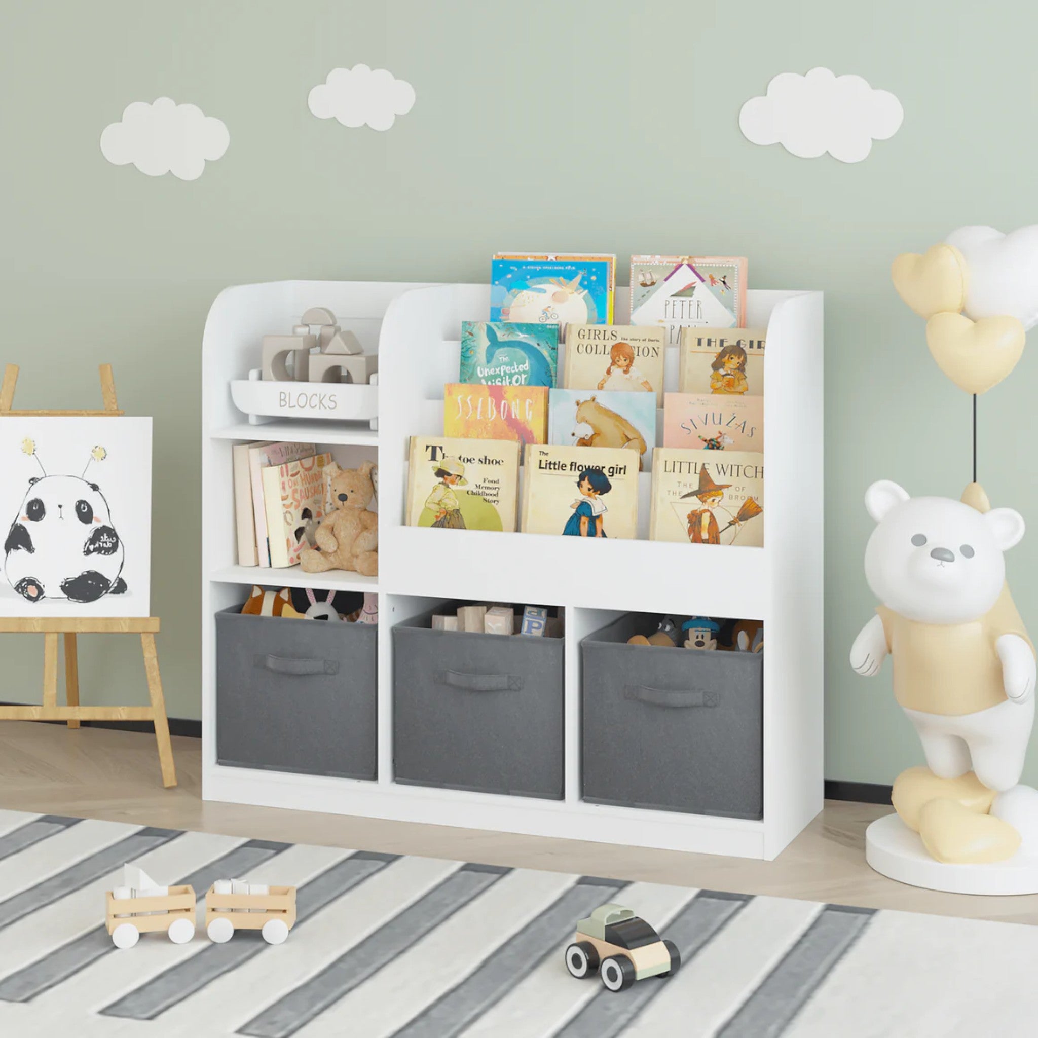 Children's Organizer GINGER HOME, Bookshelf with Shelves for Toys and Books, 3 Textile Boxes, Wooden, White, 92x30x80 cm, Montessori