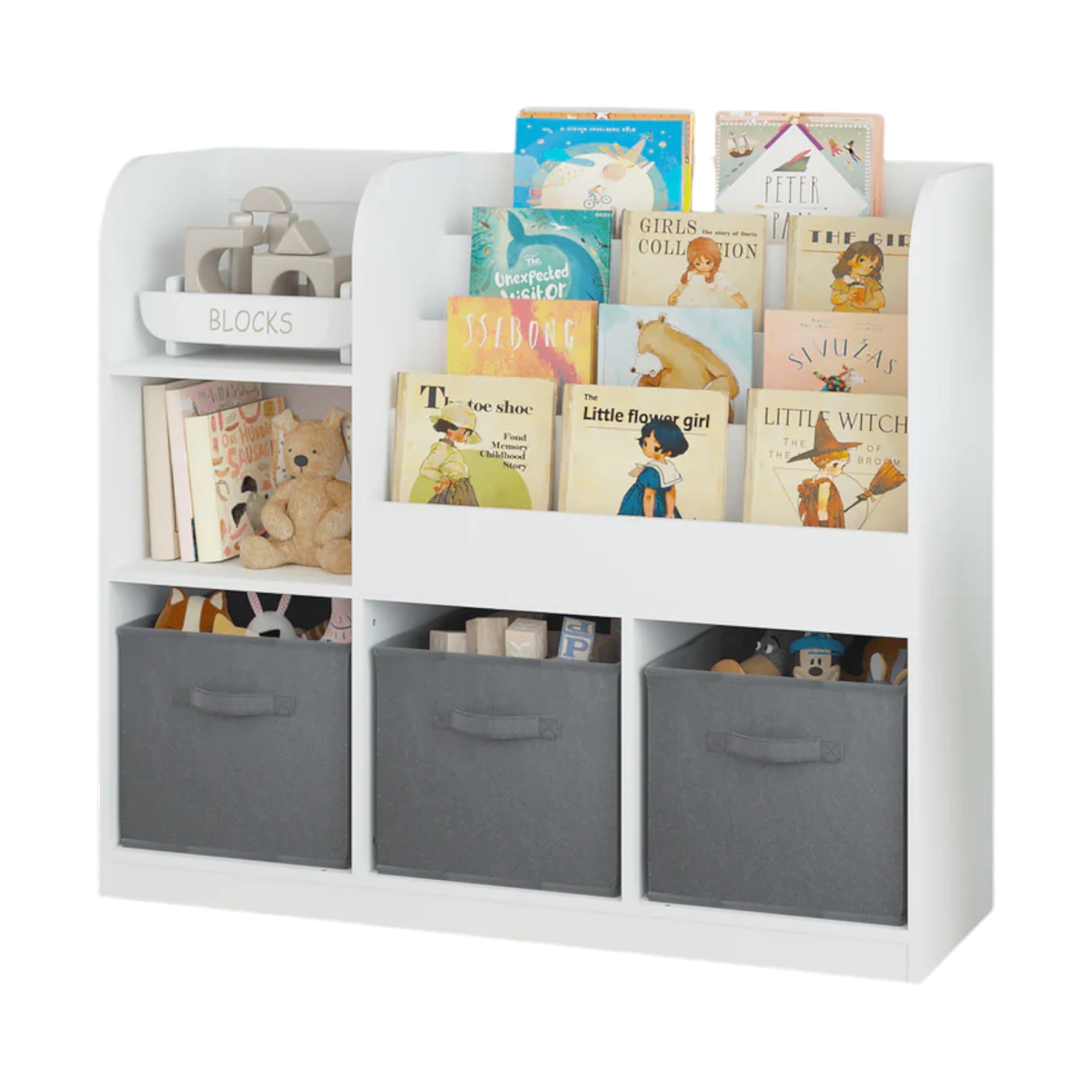 Children's Organizer GINGER HOME, Bookshelf with Shelves for Toys and Books, 3 Textile Boxes, Wooden, White, 92x30x80 cm, Montessori