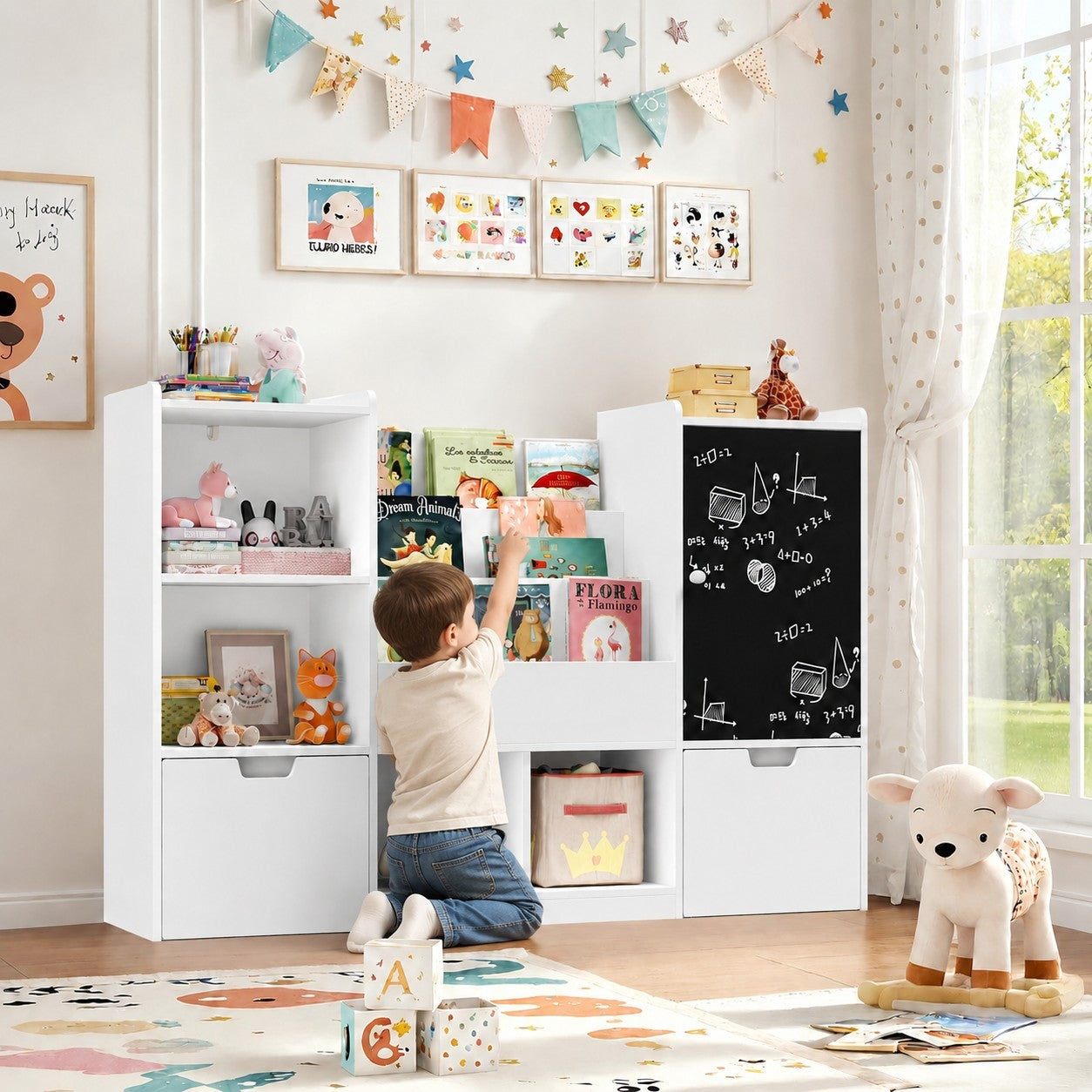 Детски Органайзер за Играчки GINGER HOME с Черна Дъска, Етажерка, 2 Чекмеджета и 6 Отделения, Масивно Дърво и MDF, 140x51x80 см