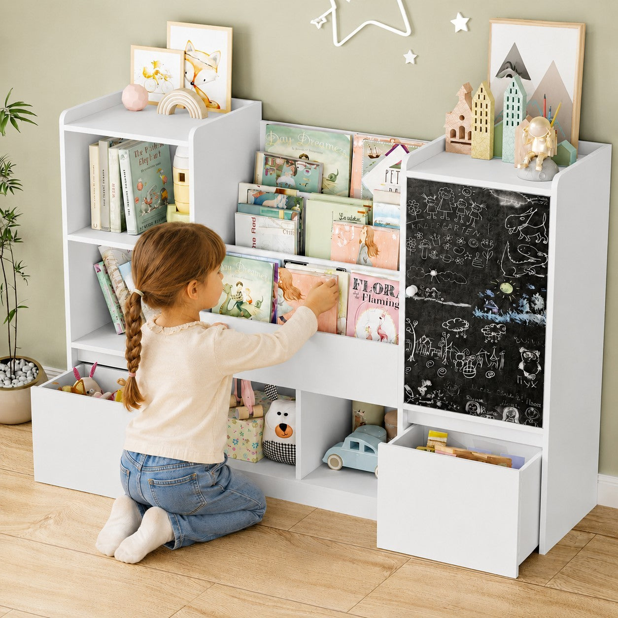 Детски Органайзер за Играчки GINGER HOME с Черна Дъска, Етажерка, 2 Чекмеджета и 6 Отделения, Масивно Дърво и MDF, 140x51x80 см
