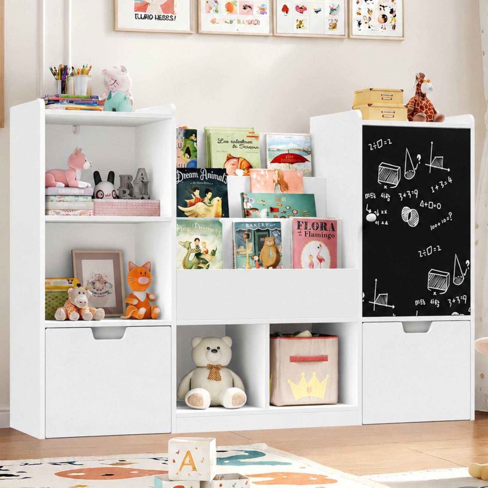 Детски Органайзер за Играчки GINGER HOME с Черна Дъска, Етажерка, 2 Чекмеджета и 6 Отделения, Масивно Дърво и MDF, 140x51x80 см