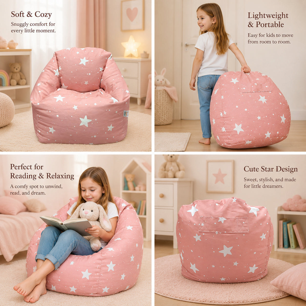 Детски Пуф Кресло GINGER HOME Little Stars, 100% Памук, Розов Барбарон Със Звезди, 55x44x55 см