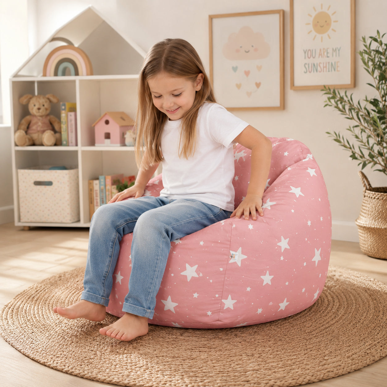 Детски Пуф Кресло GINGER HOME Little Stars, 100% Памук, Розов Барбарон Със Звезди, 55x44x55 см