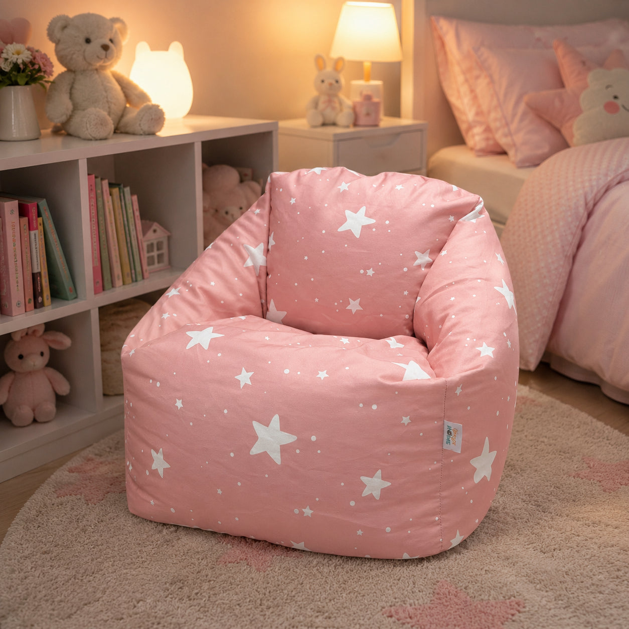 Детски Пуф Кресло GINGER HOME Little Stars, 100% Памук, Розов Барбарон Със Звезди, 55x44x55 см
