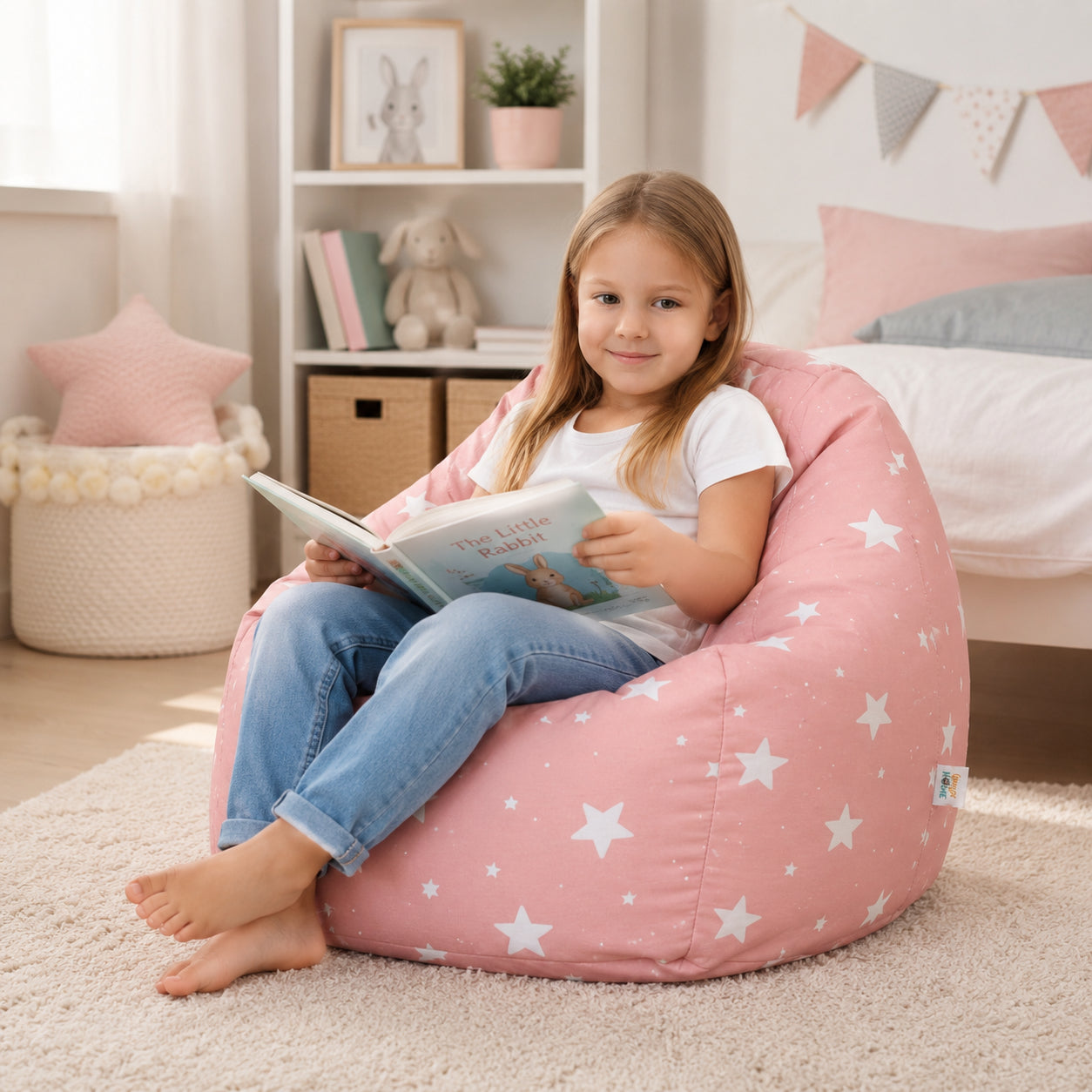Детски Пуф Кресло GINGER HOME Little Stars, 100% Памук, Розов Барбарон Със Звезди, 55x44x55 см