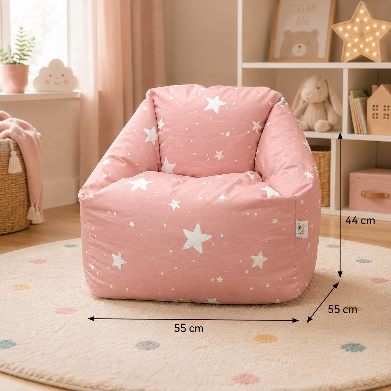 Детски Пуф Кресло GINGER HOME Little Stars, 100% Памук, Розов Барбарон Със Звезди, 55x44x55 см