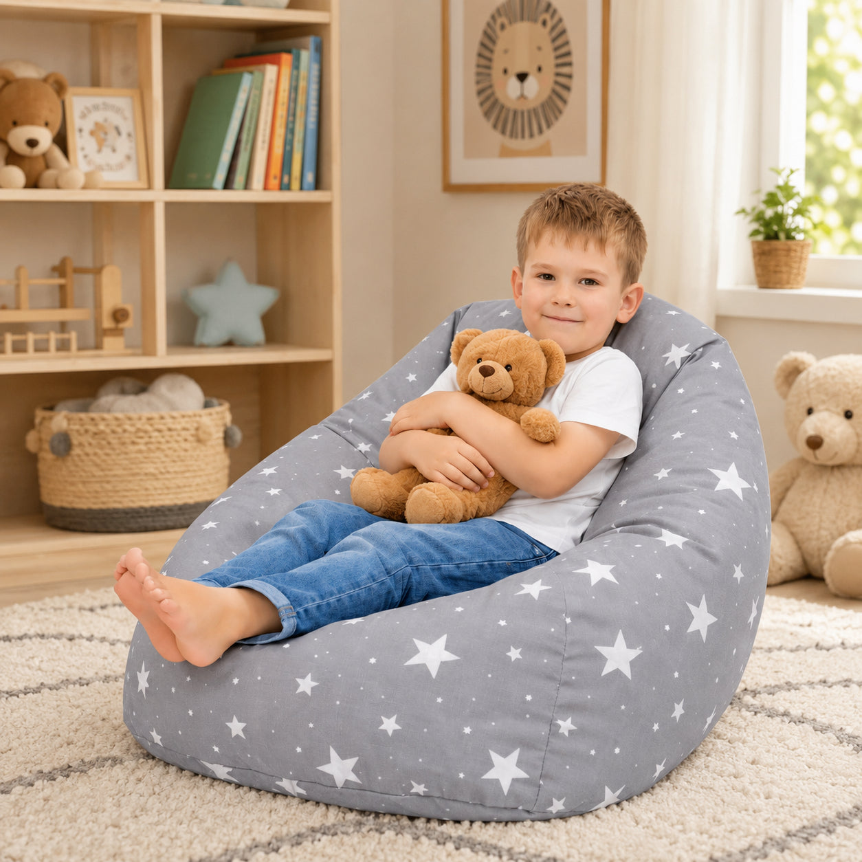 Children's Pouf Armchair GINGER HOME Little Stars, 100% Cotton, Gray Barbaron With Stars, 55x44x55 cm