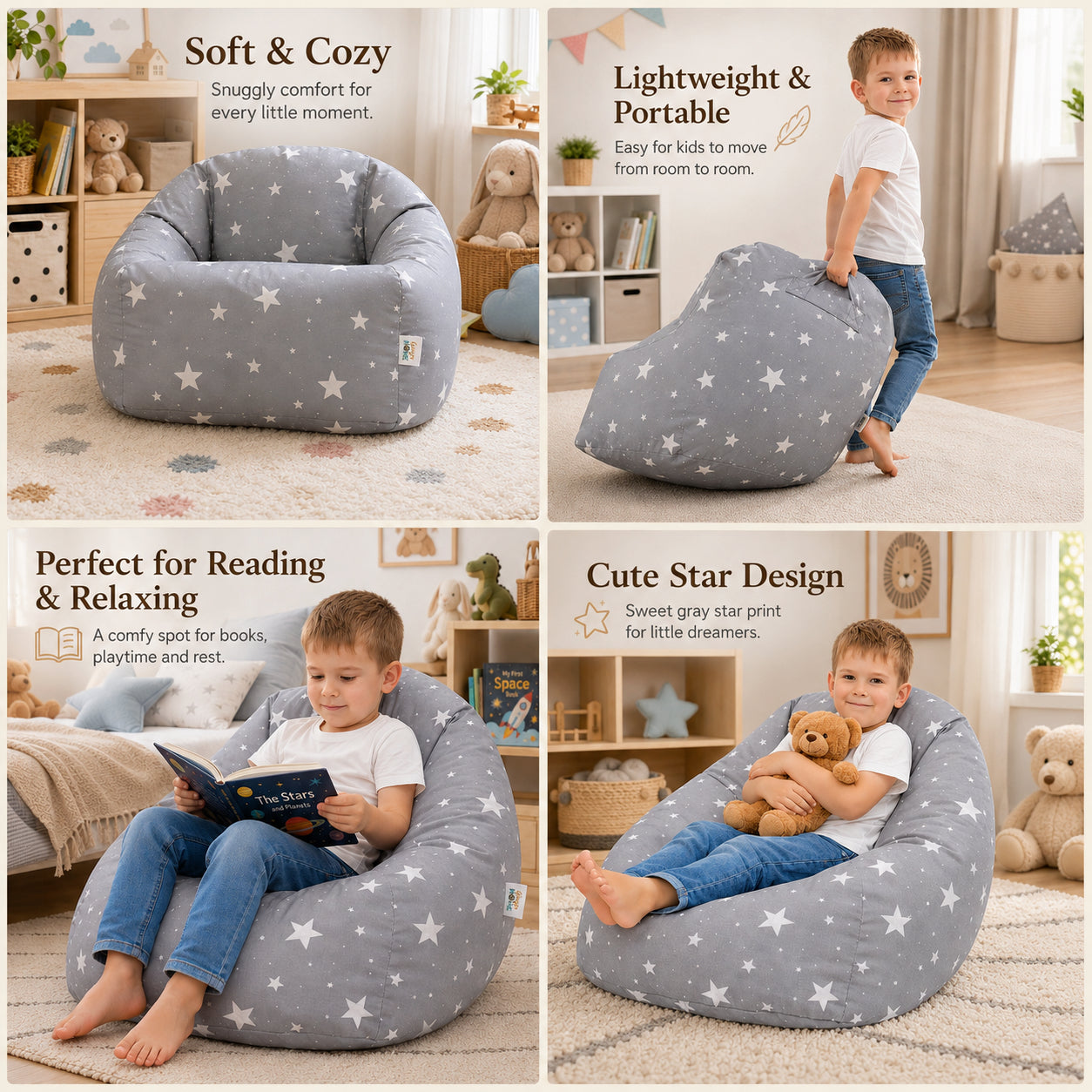 Children's Pouf Armchair GINGER HOME Little Stars, 100% Cotton, Gray Barbaron With Stars, 55x44x55 cm