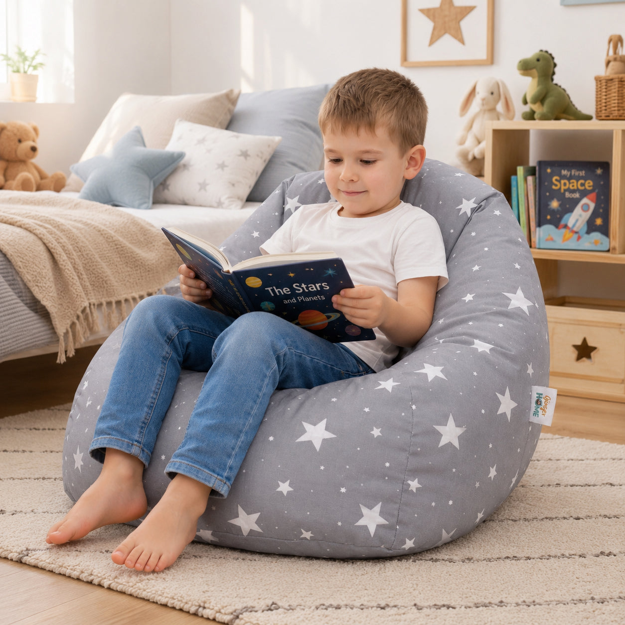 Children's Pouf Armchair GINGER HOME Little Stars, 100% Cotton, Gray Barbaron With Stars, 55x44x55 cm