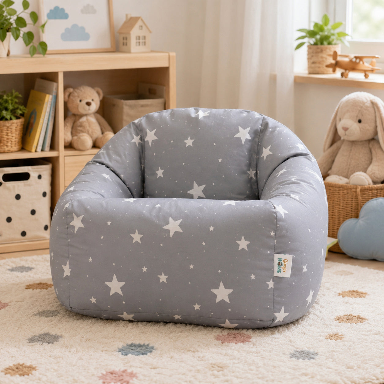 Children's Pouf Armchair GINGER HOME Little Stars, 100% Cotton, Gray Barbaron With Stars, 55x44x55 cm