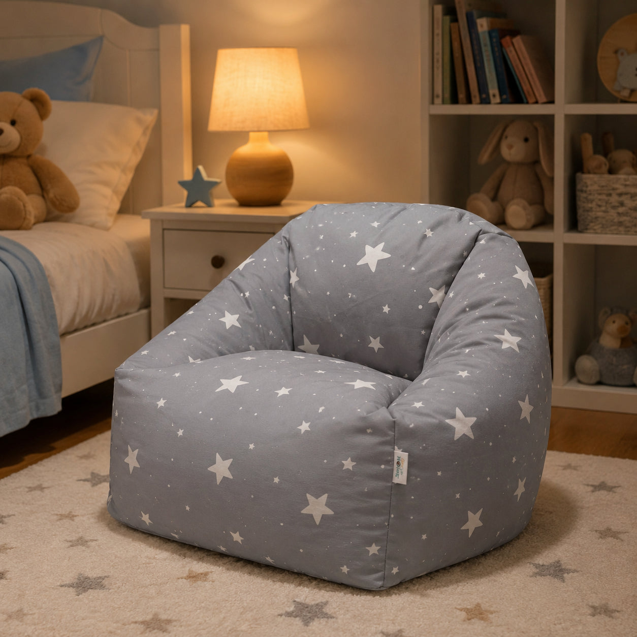 Children's Pouf Armchair GINGER HOME Little Stars, 100% Cotton, Gray Barbaron With Stars, 55x44x55 cm