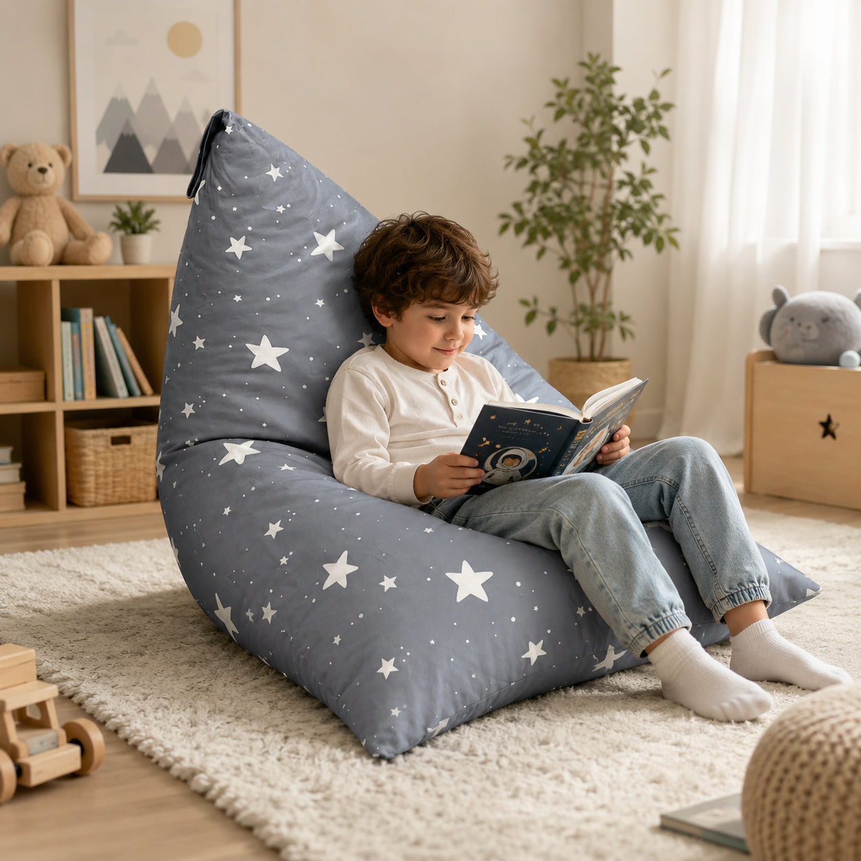 Детски Пуф Лежанка GINGER HOME Little Stars, 100% Памук, Сив Барбарон със Звезди, 127x81x76 см