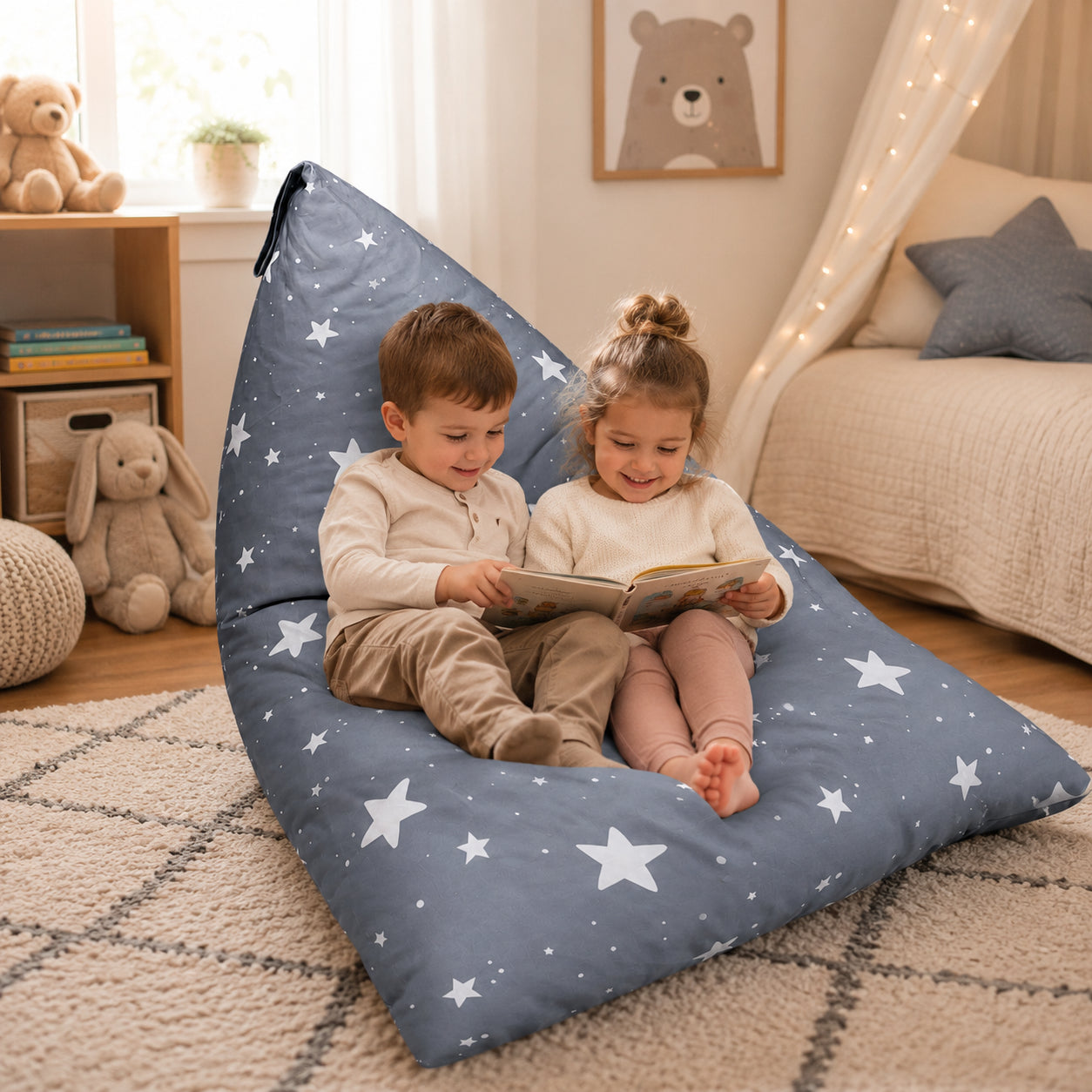 Детски Пуф Лежанка GINGER HOME Little Stars, 100% Памук, Сив Барбарон със Звезди, 127x81x76 см