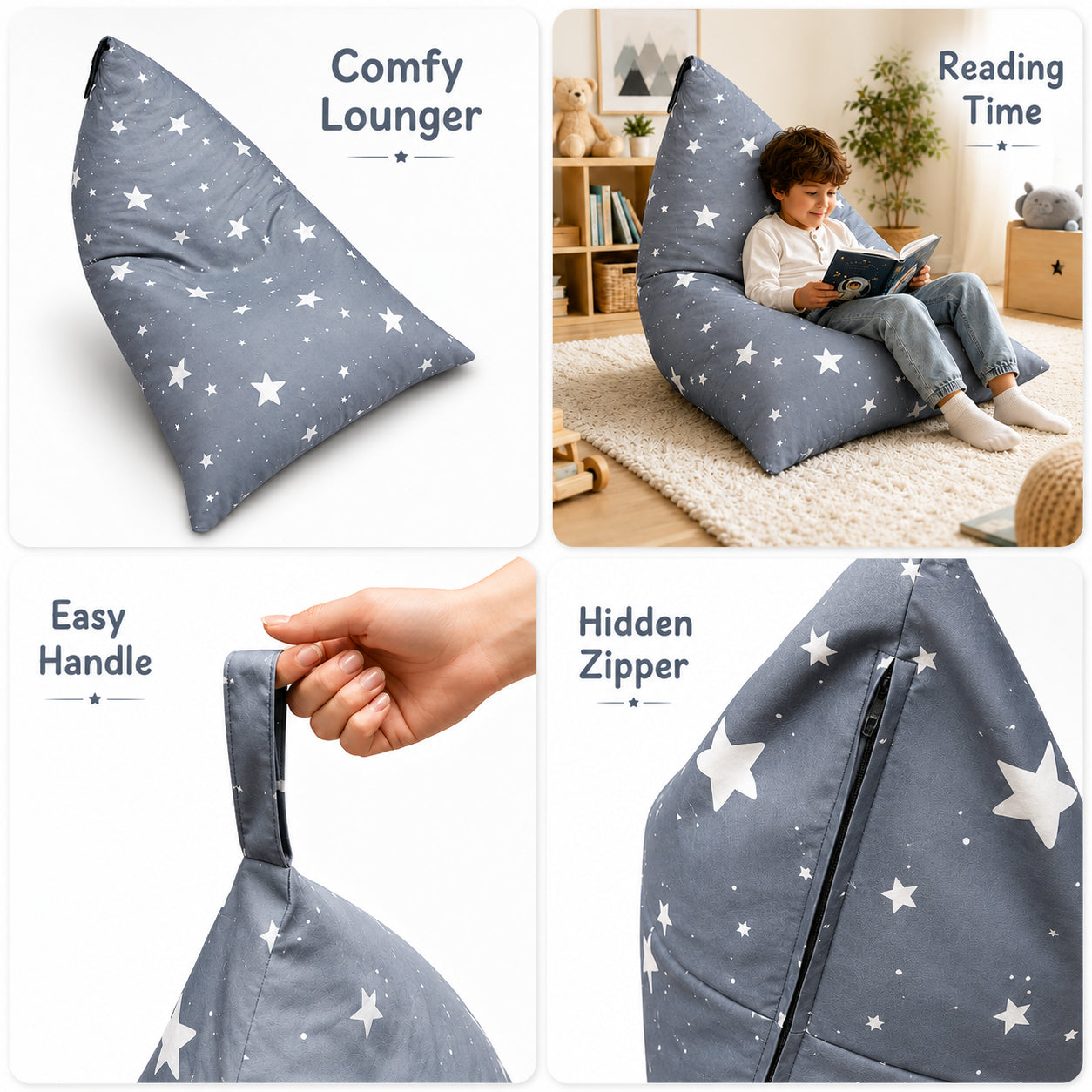 Детски Пуф Лежанка GINGER HOME Little Stars, 100% Памук, Сив Барбарон със Звезди, 127x81x76 см