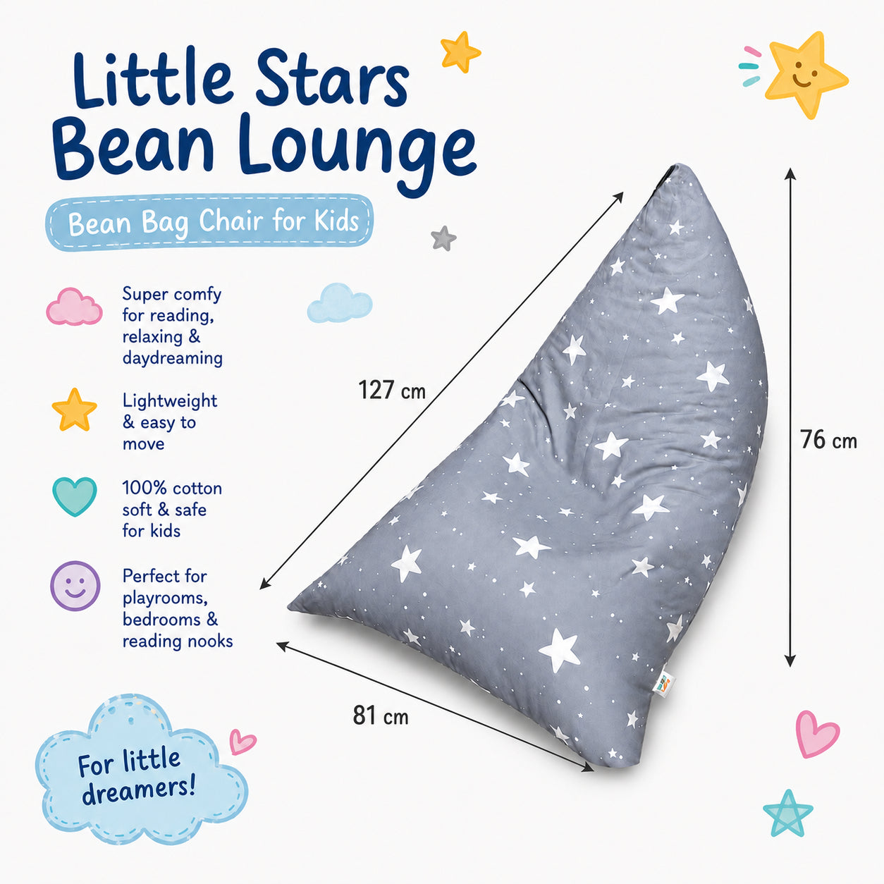 Детски Пуф Лежанка GINGER HOME Little Stars, 100% Памук, Сив Барбарон със Звезди, 127x81x76 см