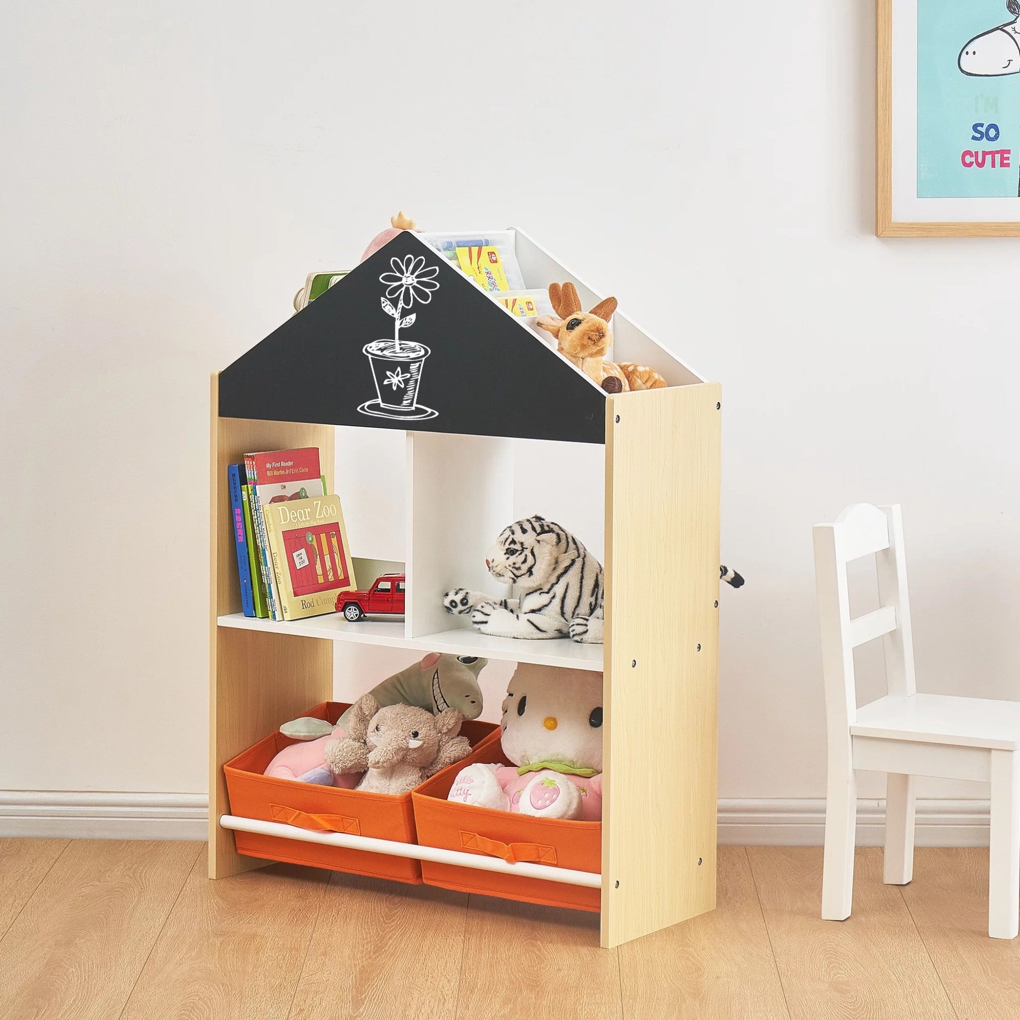 Children’s Cabinet GINGER HOME, Shelf for Toys and Books with Black Writing Board, House, Wood