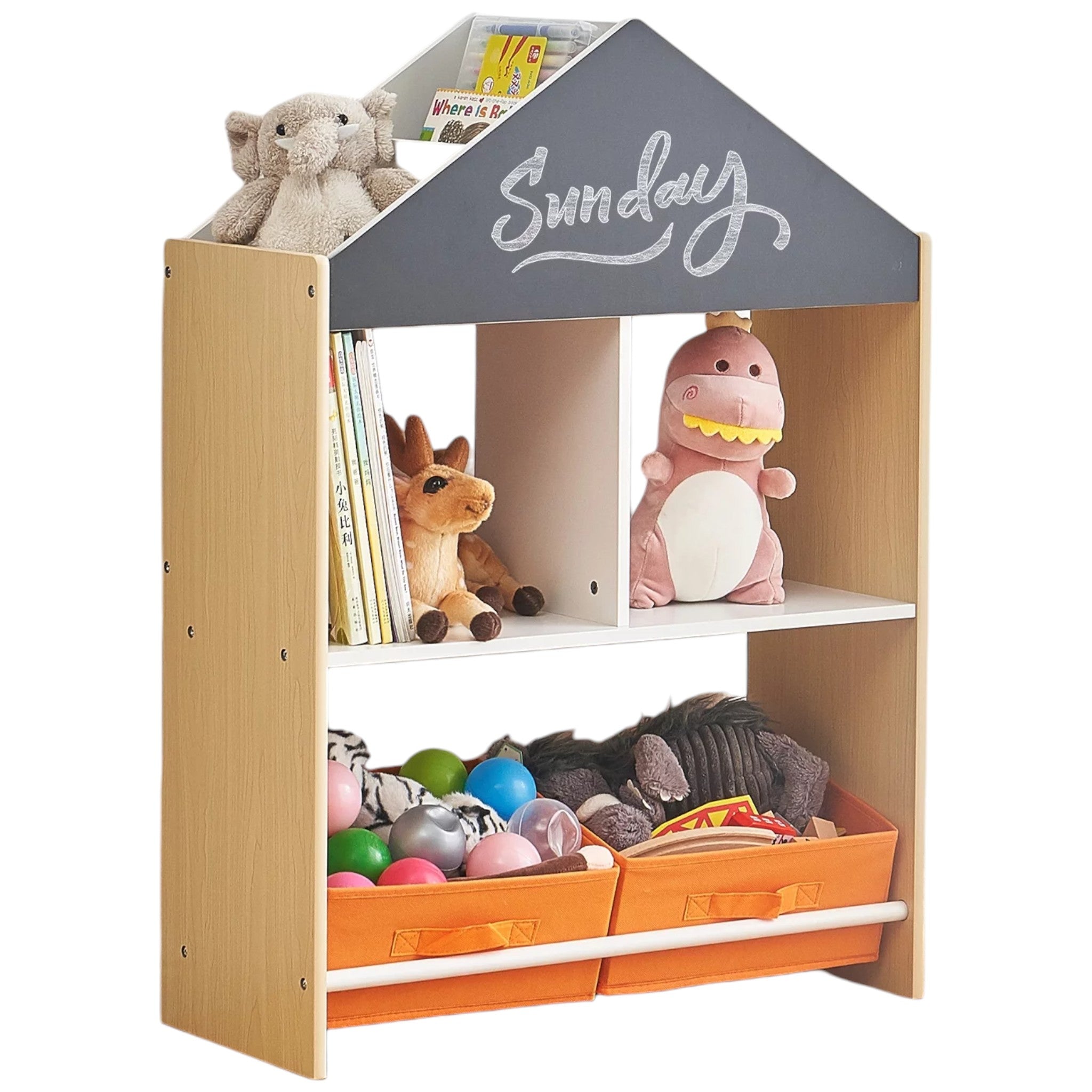 Children’s Cabinet GINGER HOME, Shelf for Toys and Books with Black Writing Board, House, Wood