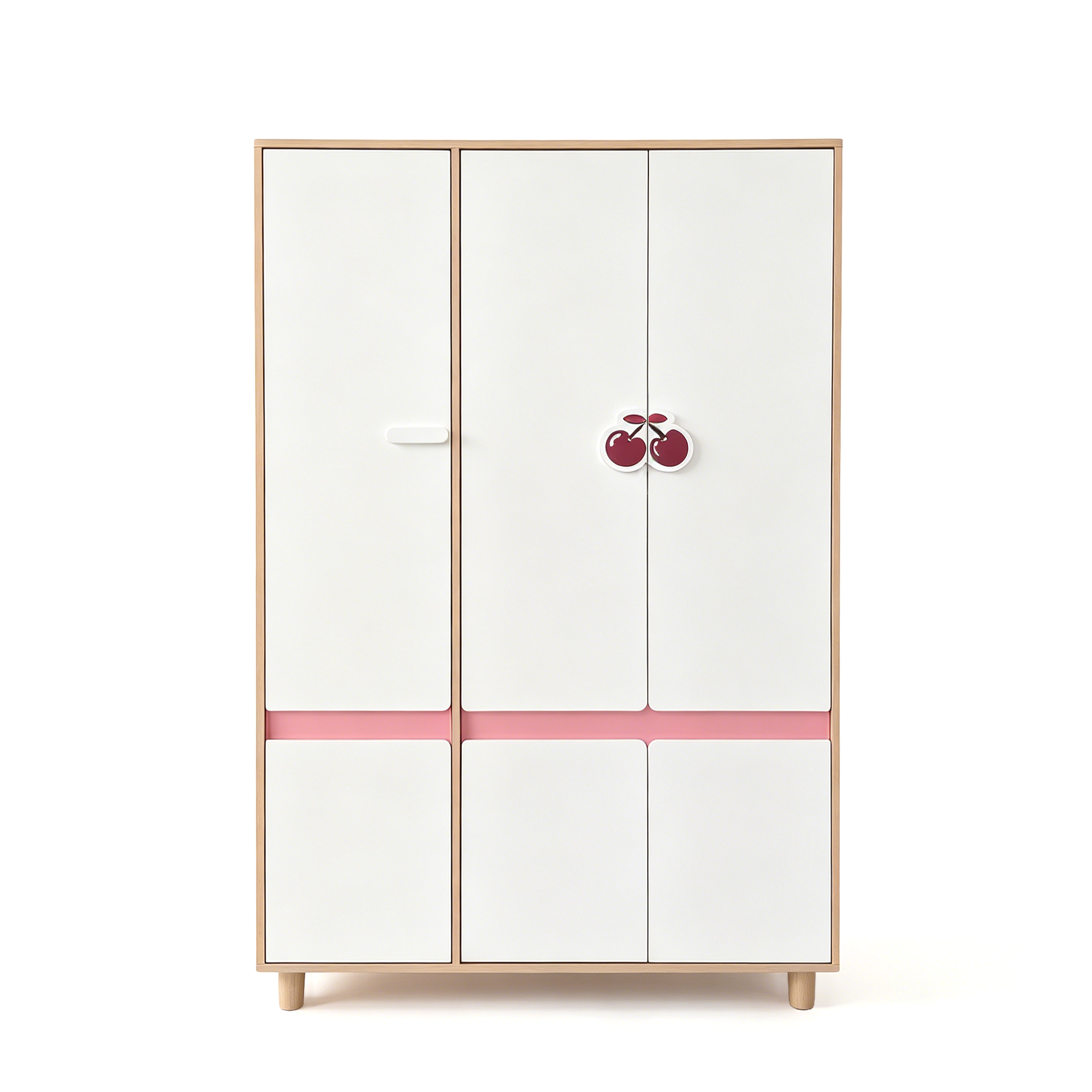 Children's Three-Wing Wardrobe GINGER HOME CHERRY, with Shelves, Hanger Lever and 6 Doors, White, Pink and Natural Wood, 120x60x180 cm