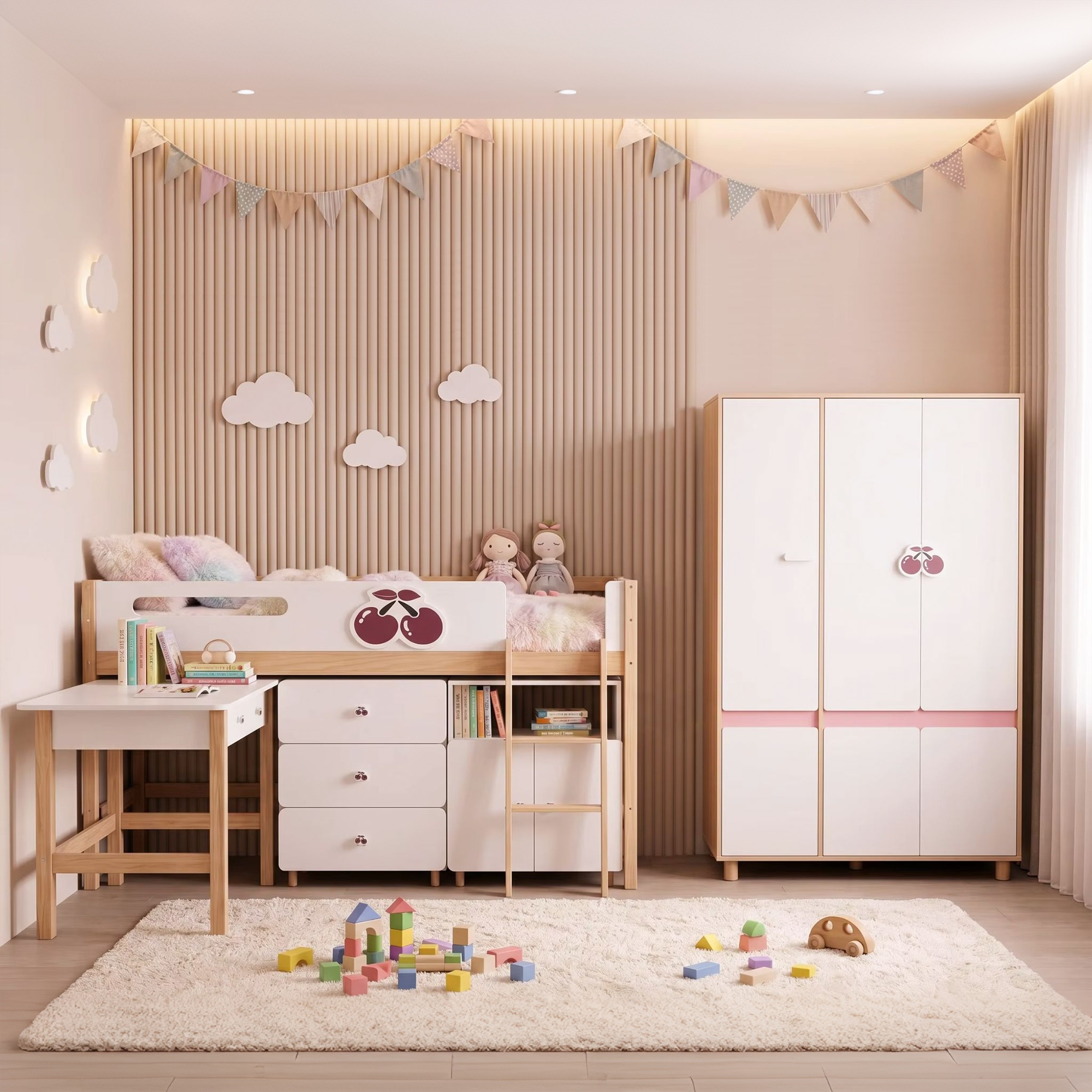 Children's Three-Wing Wardrobe GINGER HOME CHERRY, with Shelves, Hanger Lever and 6 Doors, White, Pink and Natural Wood, 120x60x180 cm